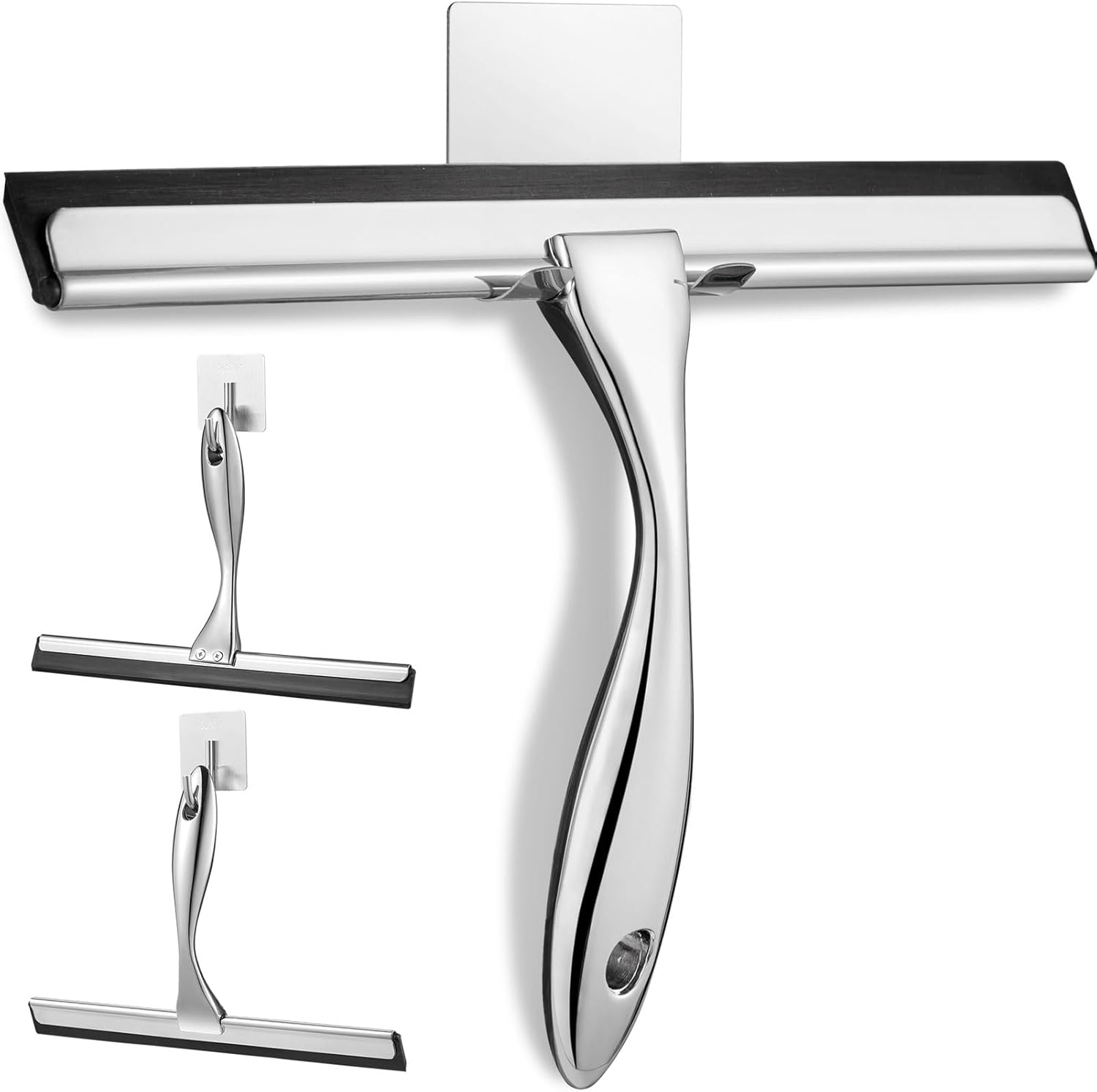 Rubber Blade Shower Squeegee for Glass Doors, Stainless Steel Squeegee with 2 Adhesive Hooks Replacement, Bathroom Window Squeegee for Home, Tile Wall, Mirrors Glass Wiper Cleaning Tool