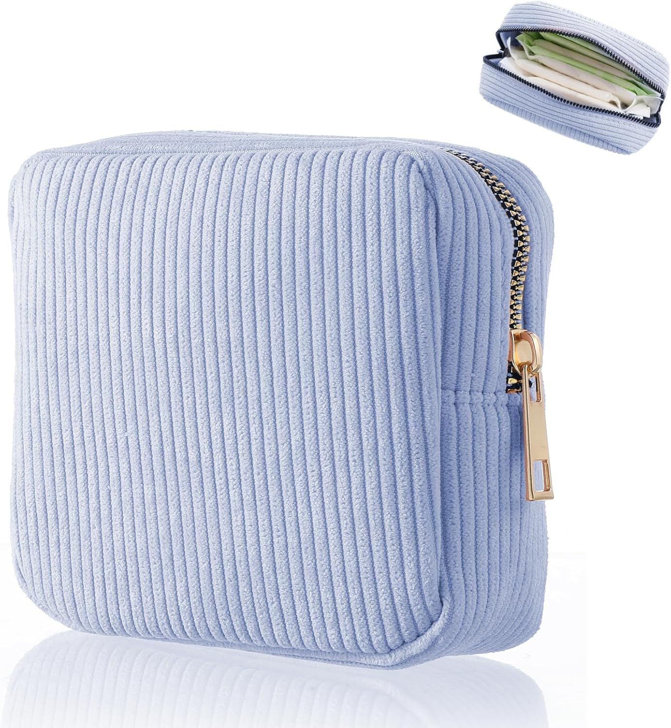 Period Bag for Teen Girls, Corduroy Sanitary Napkin Storage Bag, Cute Cosmetic Pouch for Women with Slip-In Pockets, Sky Blue