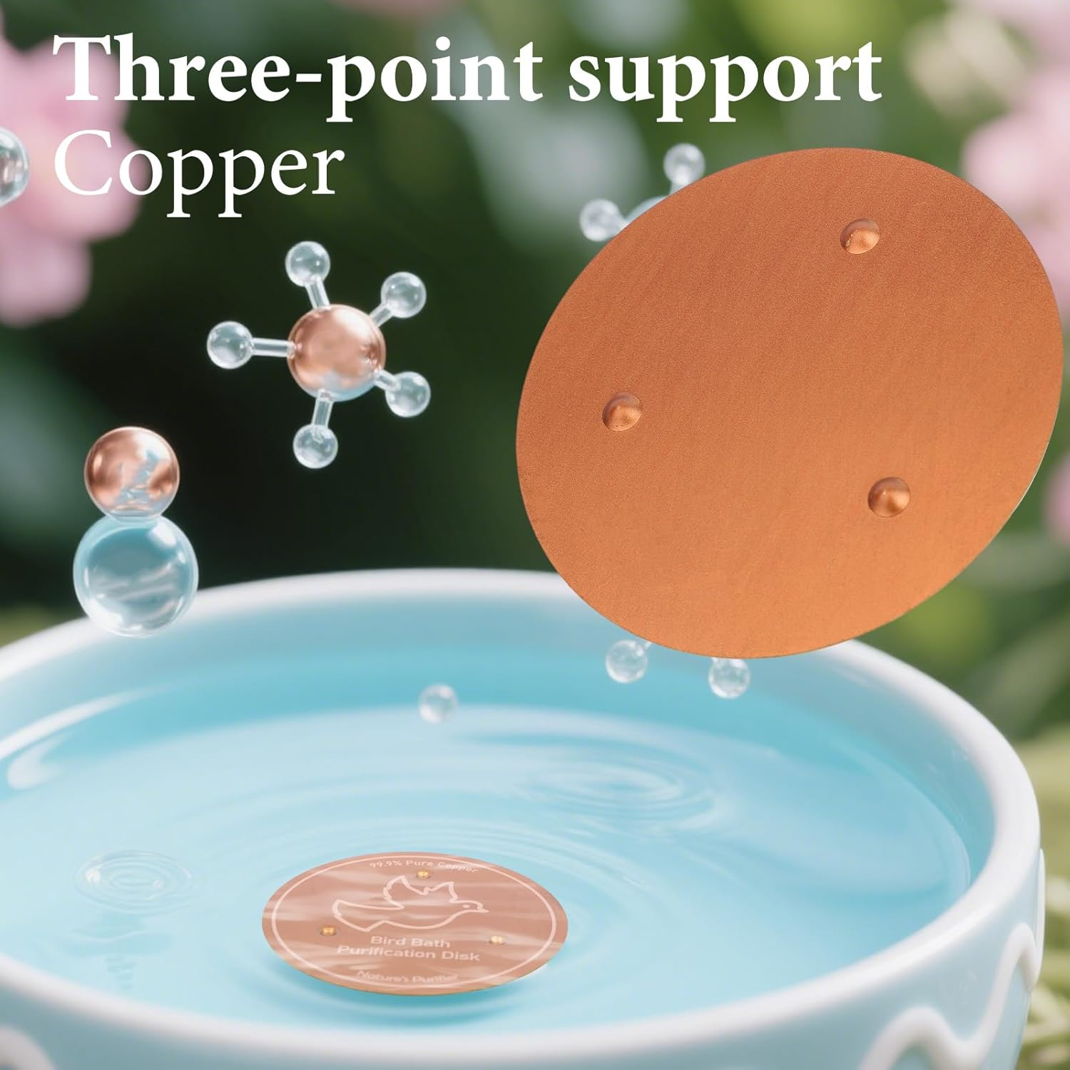 Penitue Bird Bath Copper Disk, 3.94In Sturdy Triple-Point Support Bird Bath Purification Disc Birdbath Cleaner for Year-Round Use for Outdoor Birdbaths & Bowls image number 3