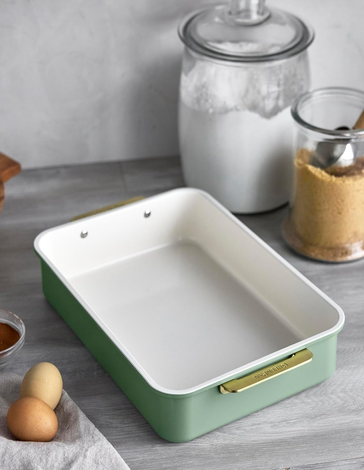 Greenpan Reserve Bakeware Rectangular Cake Pan, Ceramic Nonstick Baking Pan, PFAS Free, Gold Handles, Durable Steel, Freezer to Oven Dish, Scratch Resistant, Bake & Roast Ovenware, Sage Green