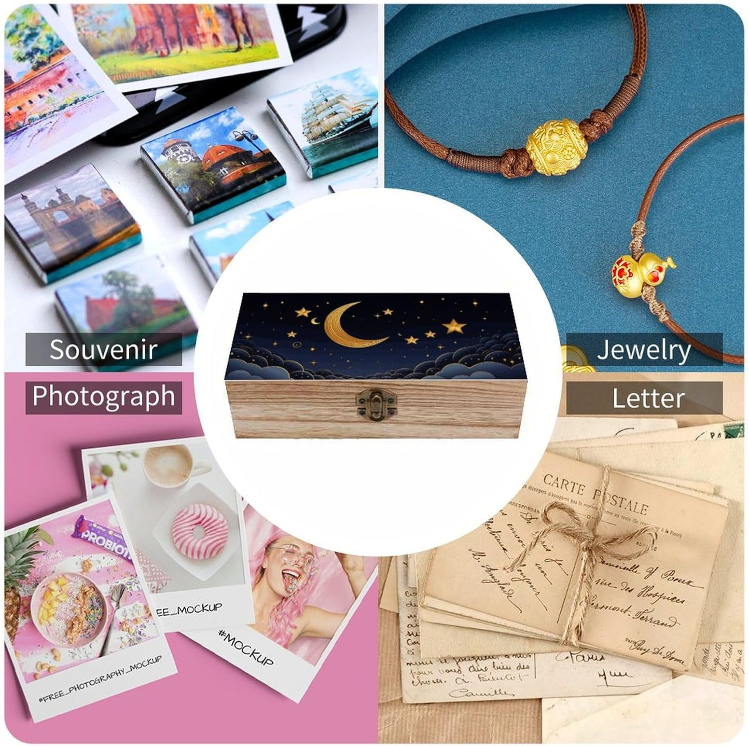 Stars and Moon Wooden Box Wood Wedding Keepsake Boxes with Lids Small Decorative Boxes Lightweight Wooden Memory Storage Box for Crafts Keepsakes Jewelry Photo Letter Storage image number 6