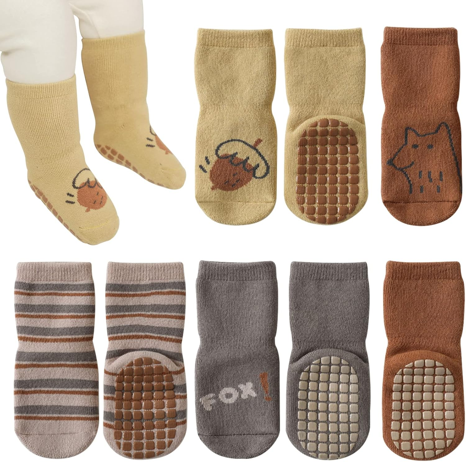 4 Pairs Unisex Baby Socks Non Slip Grip Socks for Girls Boys Children Floor Socks Warm Cute Animal Cartoon Toddler Kids Anti-Slip Cotton Socks for 0-5 Years Old