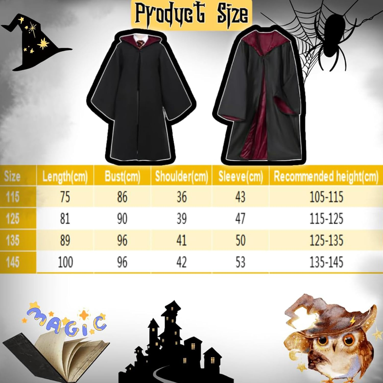 AUTOWT Kids Wizard Cloak Costume Set, 6Pc Magician Robe Outfits with Hooded Cape Hat Wand Scarf Glasses Tie Movie Dress up Accessory Boys Girls School Carnival Halloween Cosplay image number 6