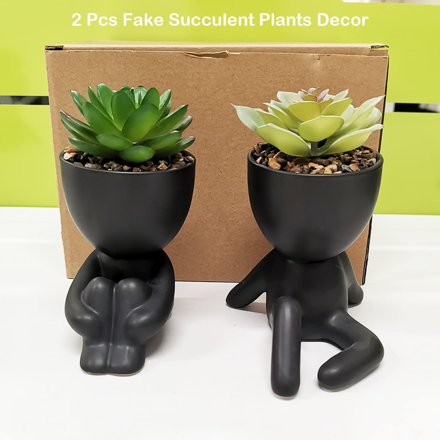 Paifeancodill Fake Plants Pot with Succulent Plants, 2 Pcs Fake Succulent with Black Human Shaped Ceramic Pots, Ceramic Flower Pot Planter (Black A) image number 6