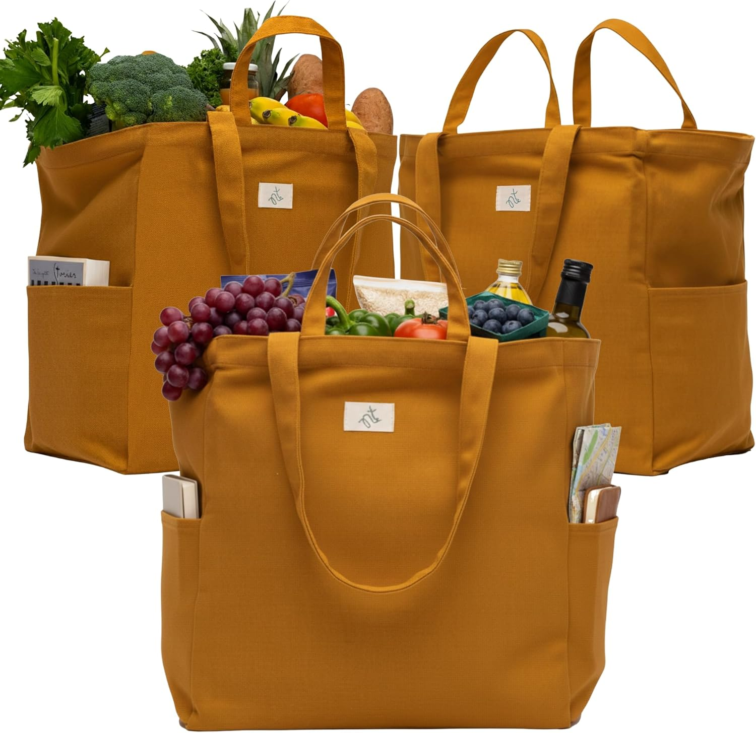 Nook Theory 3-Pack Reusable Grocery Bags - Heavy Duty, Large 12 Oz Cotton Canvas Reusable Shopping Bags with Pockets, 100% Cotton Cloth Grocery Totes, Foldable Multi Compartment