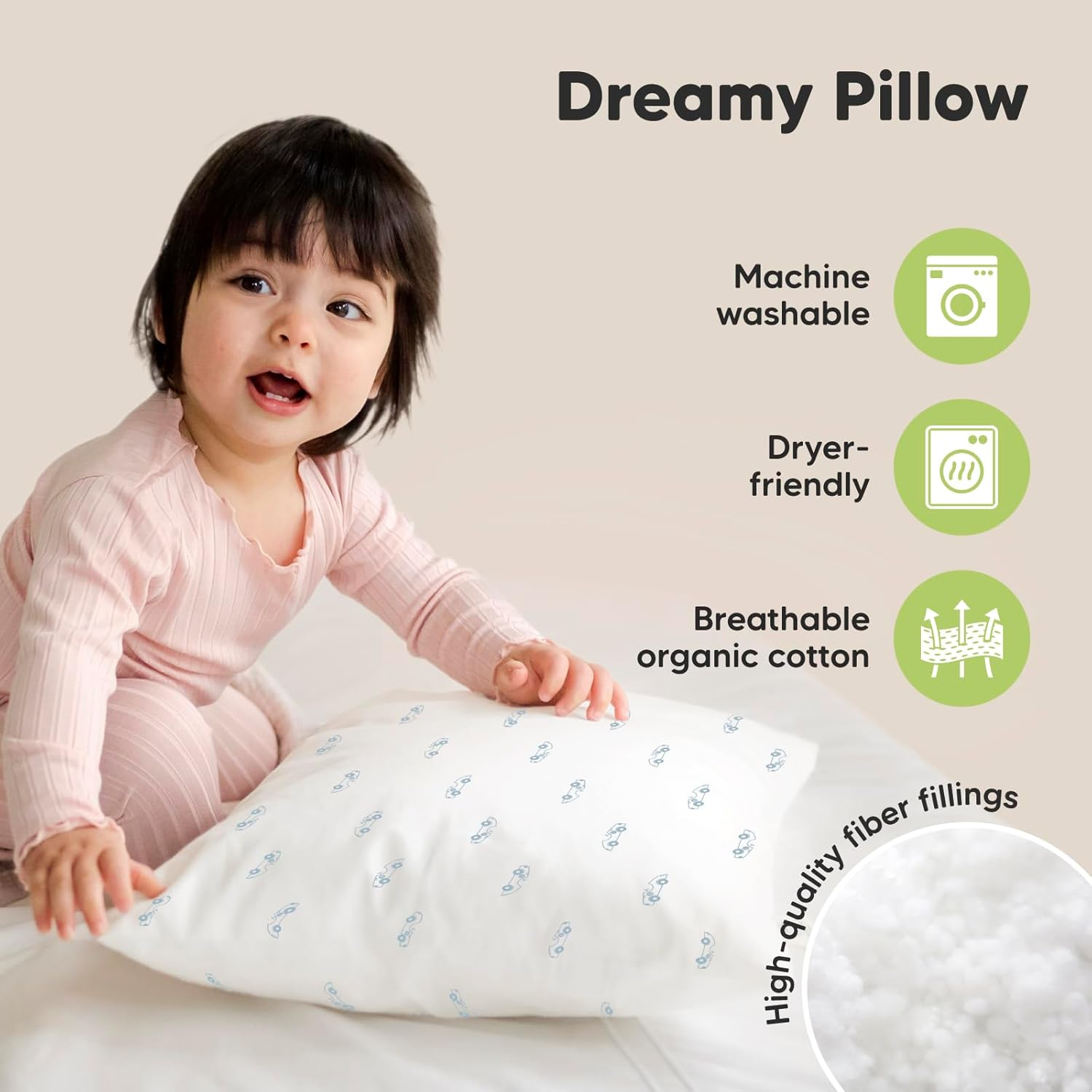2-Pack Toddler Pillow - Soft Organic Cotton Toddler Pillows for Sleeping - Small Pillow for Kids - Kids Pillows for Sleeping - Kids Pillow for Travel, School, Nap, Age 2 to 5 (Roadsters) image number 3