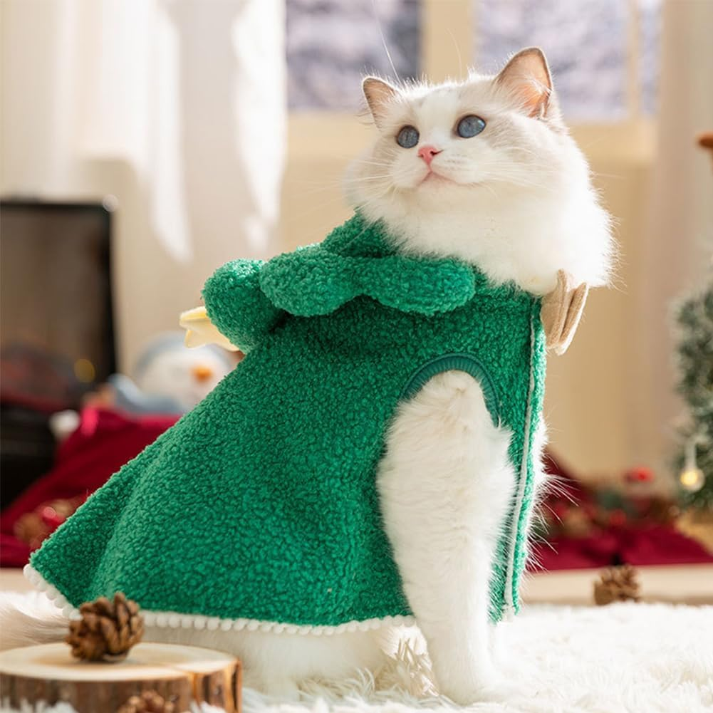 PLUSHCEWT Pet Christmas Costume Cat Christmas Outfit Cute Green Christmas Tree Dog Cape Xmas Costumes Christmas Pet Clothes Suitable for Small Medium Dogs Cats and Kittens image number 1