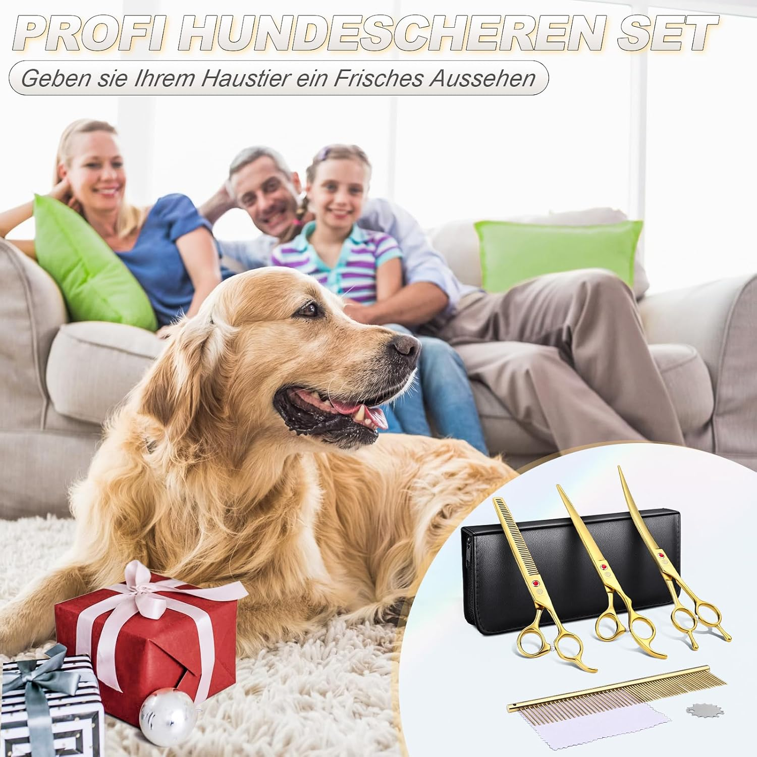 Purple Dragon 8 Inch Dog Scissors Set Professional 3-In-1 Fur Scissors Set for Dogs &ndash; Golden Dog Scissors Set Straight, Serrated and Curved Scissors Are Included for Dogs for Cats and Other Animals image number 1