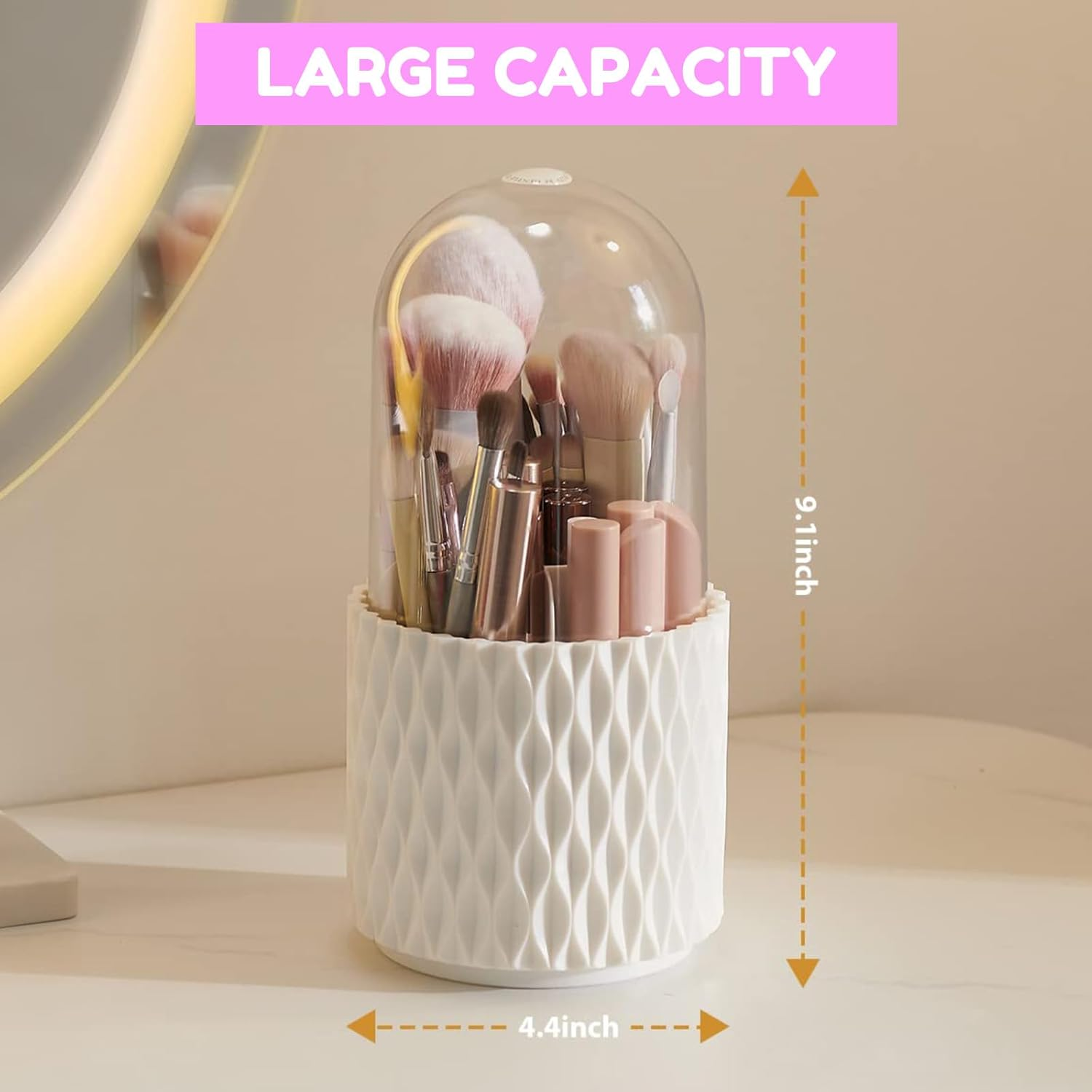 Rotating Makeup Brush Organizer - 360&deg; Spinning Storage Cup with 5 Compartments for Cosmetics, Lipsticks & Art Supplies, Desktop Vanity Holder (White with Cover) image number 4