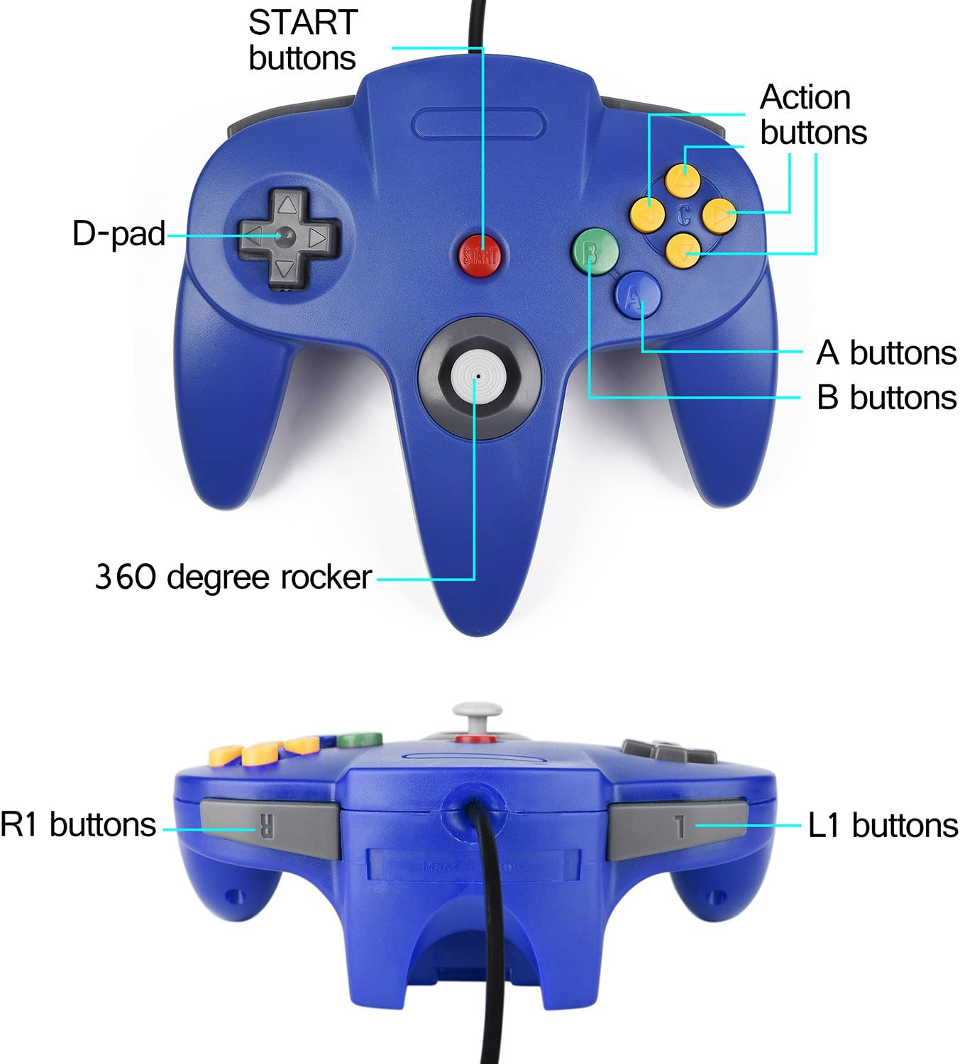2Xclassic N64 Controller,Kiwitata Retro Wired Gamepad Controller Joystick for N64 Console Video Games System Red+Blue image number 5