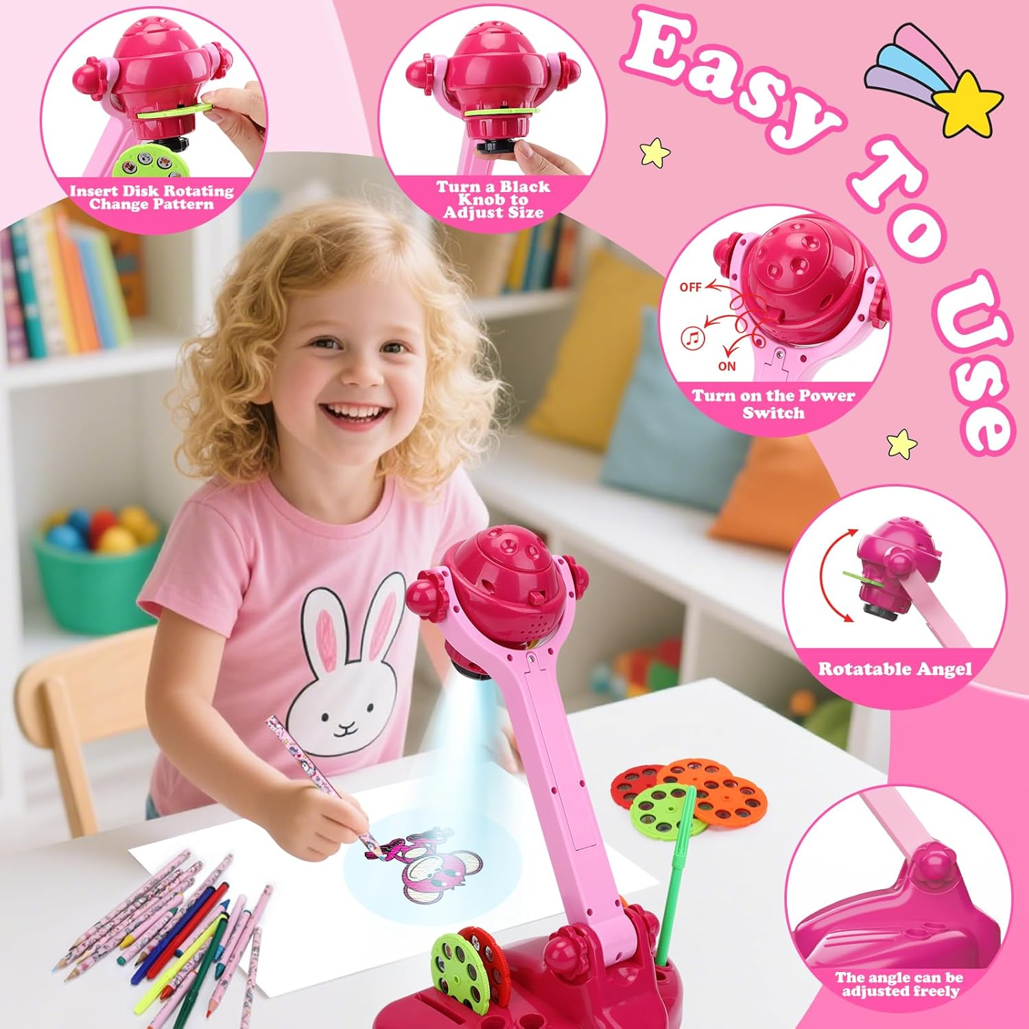 Drawing Projector for Kids, Art and Craft Kit, Toys for Girls Aged 3+, Including Colored Pencils, Crayons, Coloring Books 3+ Year Old Girls (Pink Drawing Kit V2)