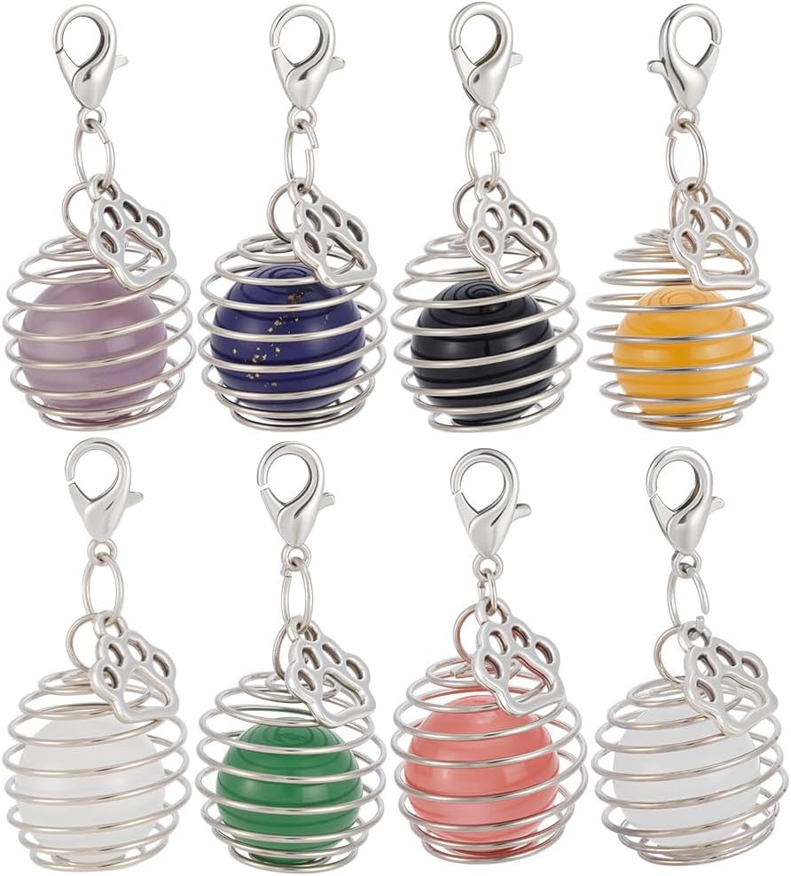 PLIGREAT Pack of 8 Crystal Pendant for Pet Collars, Necklaces, Charms with Cats and Dog Motif, Crystal Ball with Claw Pendant, Lobster Clasp for Key Chain, Bag Decoration image number 2