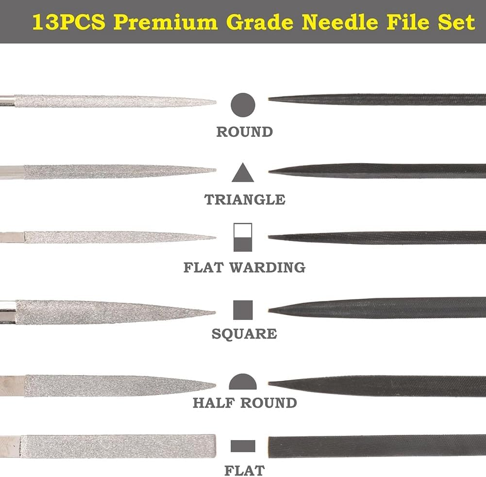 Veumoie 13PCS Needle Files Set,6 Diamond Files & 6 Steel File Sets and Cleaning Brush & Case with Handle image number 2