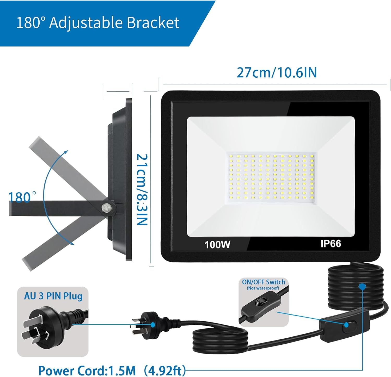 2 Pack 100W LED Flood Light Outdoor, 9000Lm LED Work Light, Floodlight with Plug On/Off Switch, 3200K Warm White Security Light for Yard Garden Stadium Garage Playground image number 2