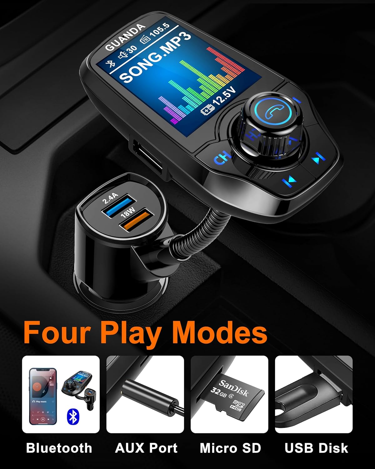 Bluetooth FM Transmitter In-Car Wireless Radio Adapter Kit W 1.8" Color Display Hands-Free Call AUX In/Out SD/TF Card USB Charger Fast Charging 18W for All Smartphones Audio Players - RM100 Black image number 6