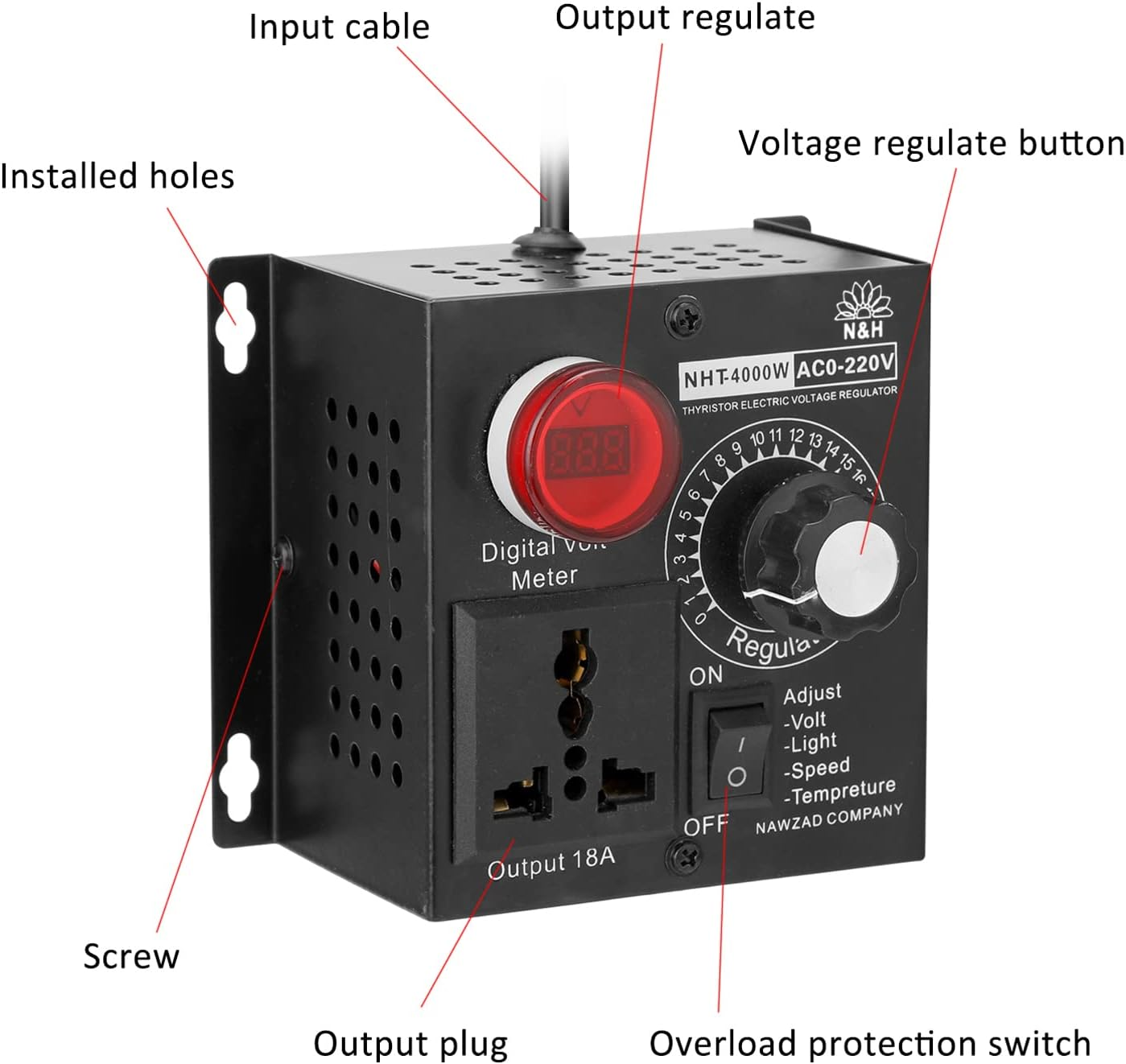 Mingzhe AC 220V 4000W Compact Variable Voltage Controller Portable Speed Temperature Light Voltage Adjuatable Dimmer image number 6