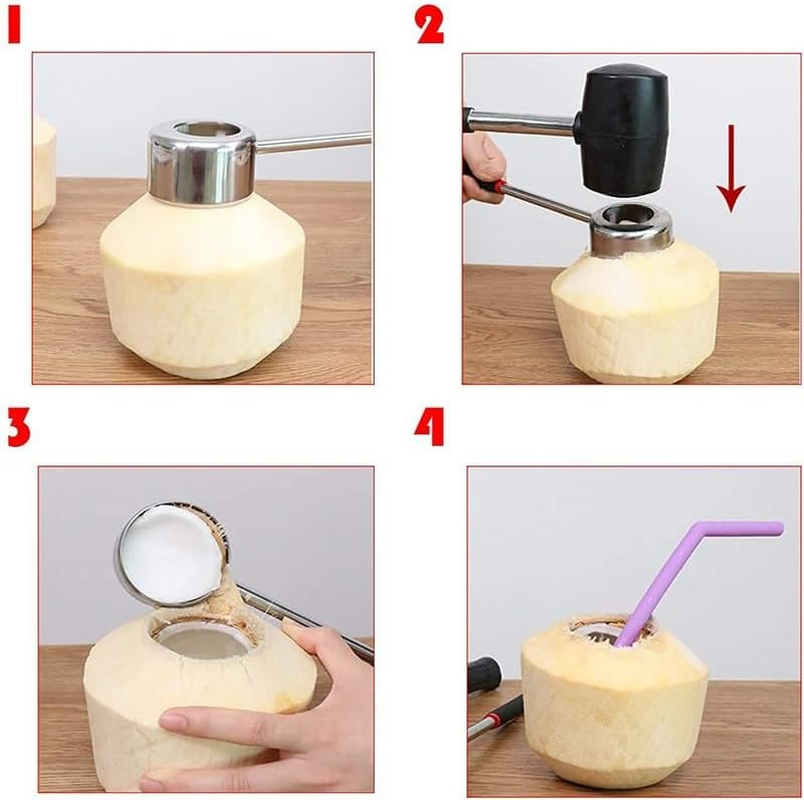 Coconut Opener Kit with Stainless Steel Puncher, Drill, Rubber Cutter, and Hammer Tool, Durable Kitchen Accessory image number 5