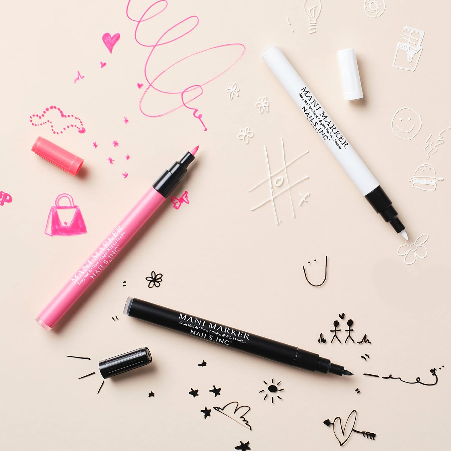 Nails.Inc Mani Marker Trio, Easy to Use Nail Polish Art Pen with Precision Tip, Quick Drying, Cruelty Free, Vegan, Includes Bright White, Bubblegum Pink and Mascara Black image number 1