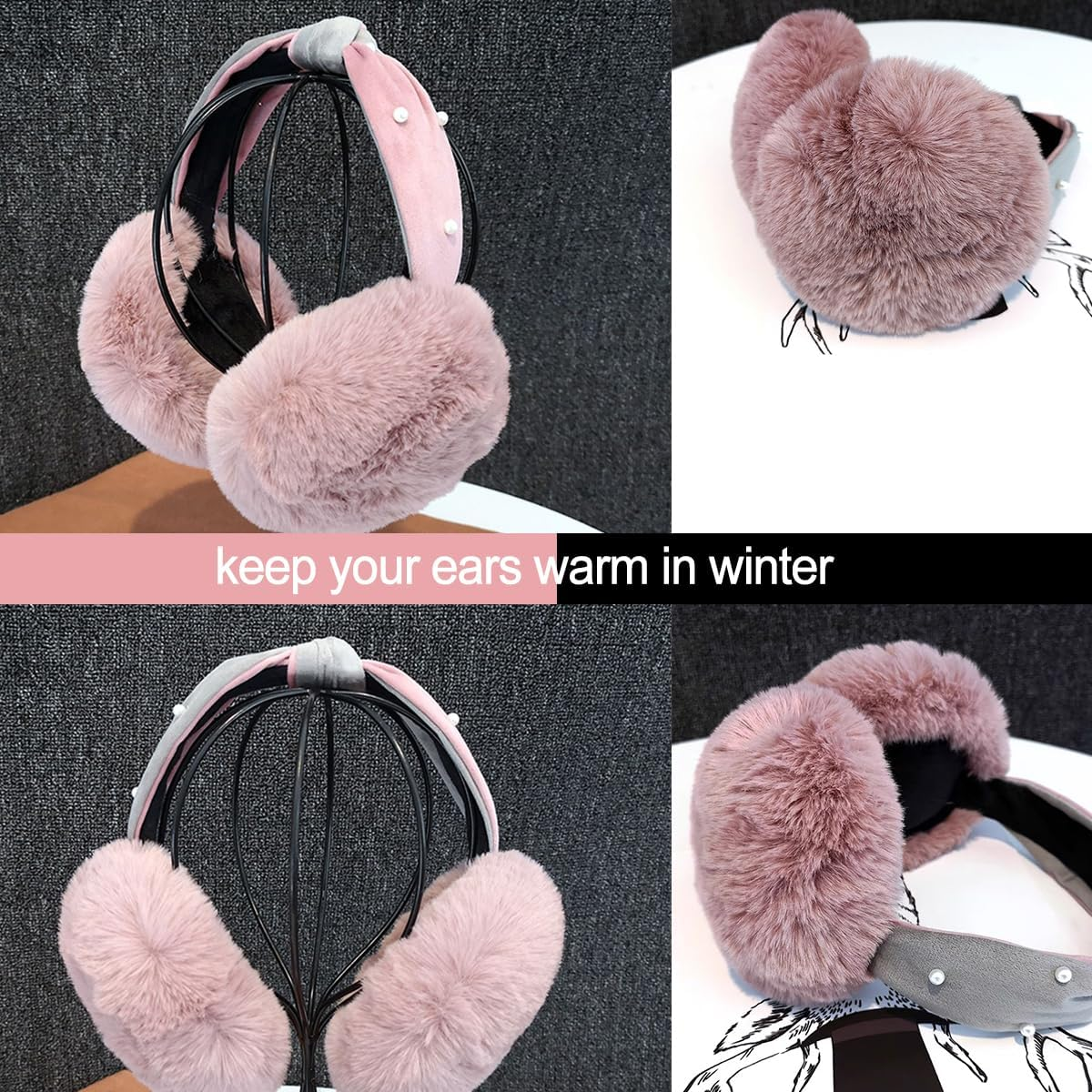 Winter Earmuff,Keep Ear Warm,Folding Warm Pearl Ear Muffs, Fluffy Earmuffs for Girls Women Outdoor (Black) image number 6