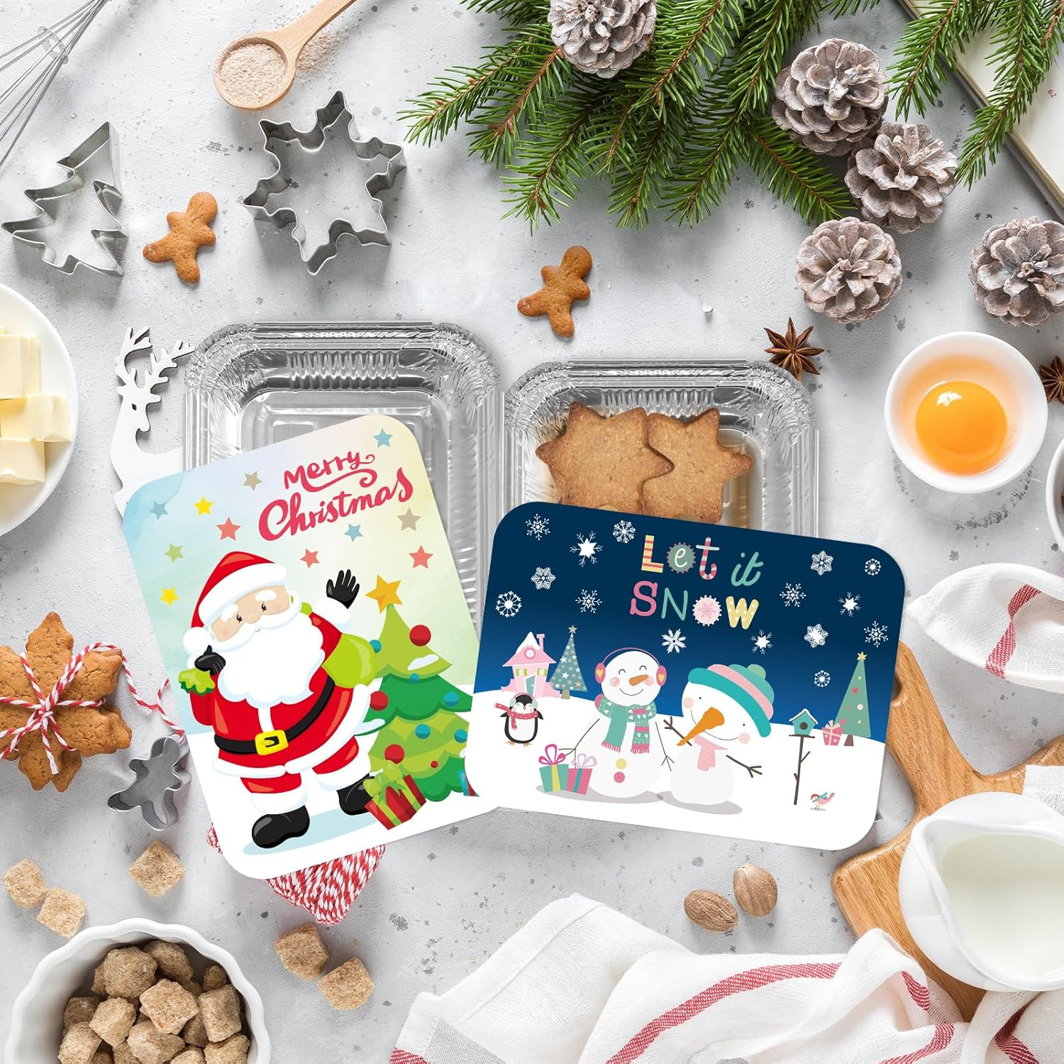 Christmas Leftover Containers with Lids 36 Pcs Santa Christmas Aluminum Food Containers with Lids Disposable Watercolor Goodie Sacks Containers Winter Holiday Party Supply image number 2