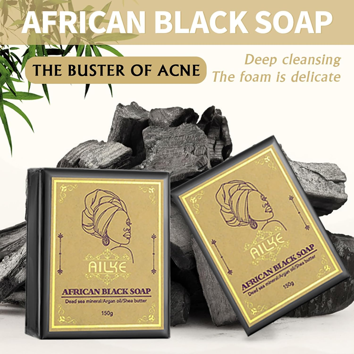 AILKE African Black Soap, Whitening, Intensely Clean Skin, Remove Pimples, Acne, Blackheads, Non-Drying, with Charcoal, Shea Butter, Argan Oil, for Men, Women, 150G (Pack of 3) - Pack Of 5 image number 5