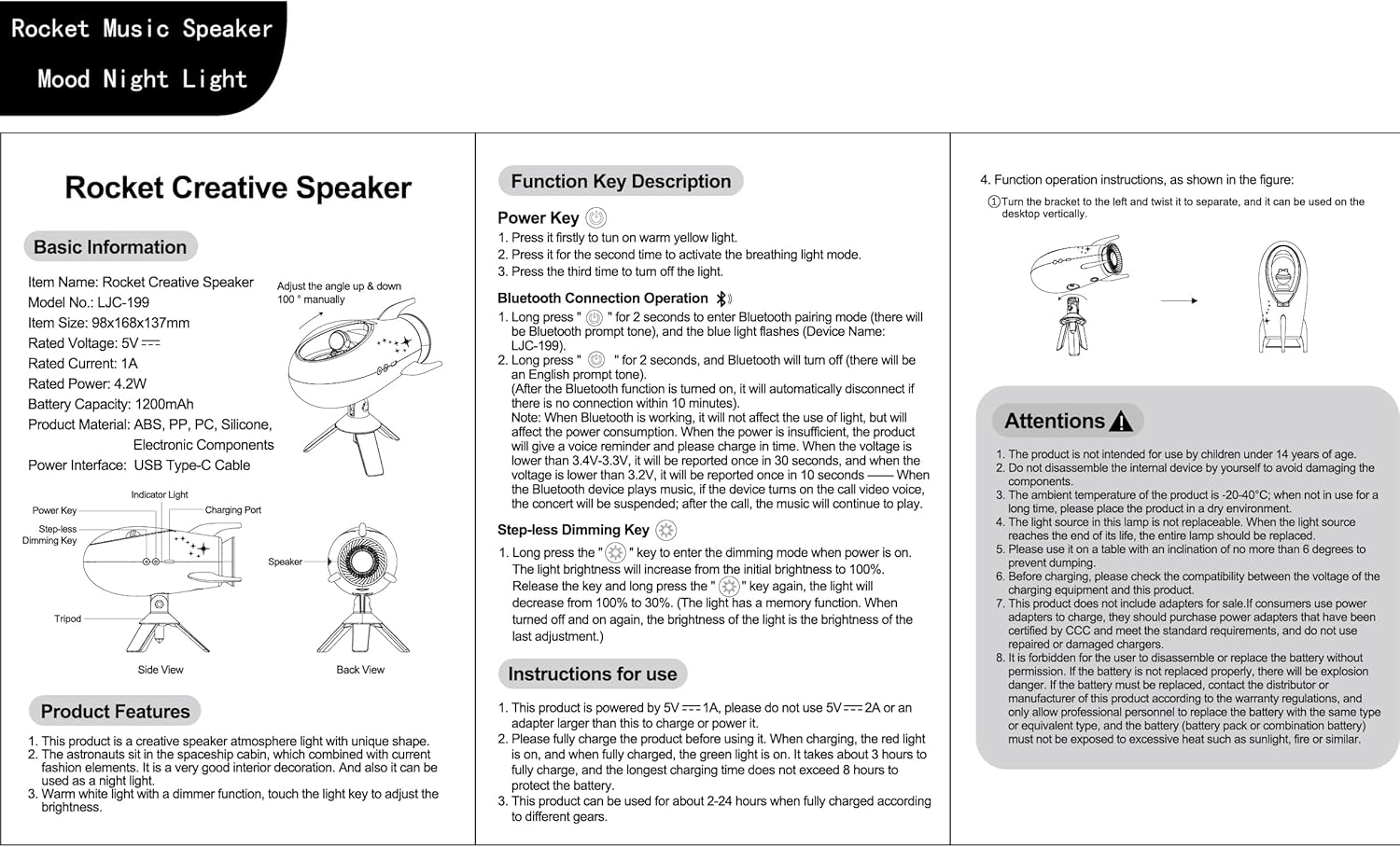 ANJOGIFT Elegant Rocket LED Night Light Music Speaker Lamp USB Type-C Rechargeable, Color Temperature and Brightness Adjustable, Two Mode Can Be Switched, Ideal Bedroom Mood Light and Gift image number 4