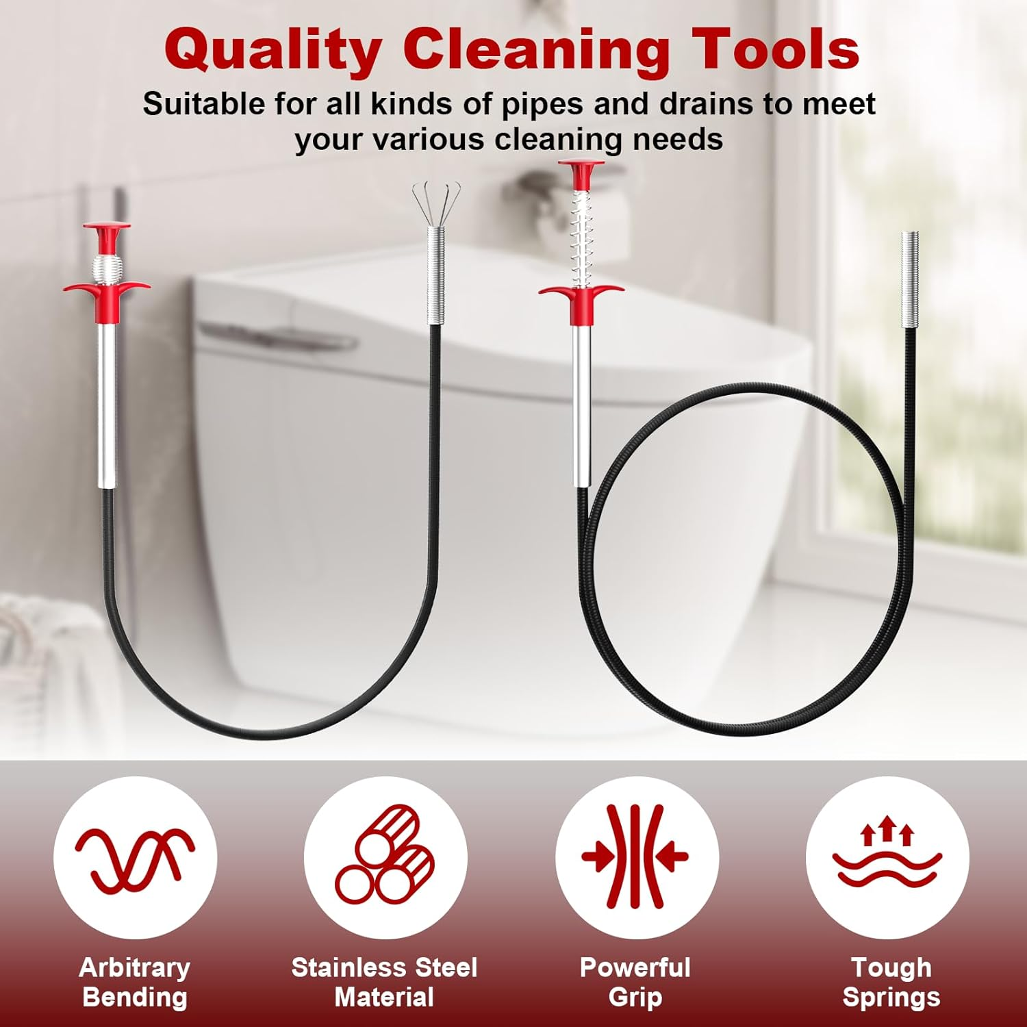 Pack of 2 Claw Grippers 160 Cm / 60 Cm, Flexible Gripper Claw Gripper, Pipe Cleaning Spiral, Drain Cleaner Spiral, Drain Spiral, Telescopic Gripper for Kitchen, Bathroom and Sewers - Red image number 5