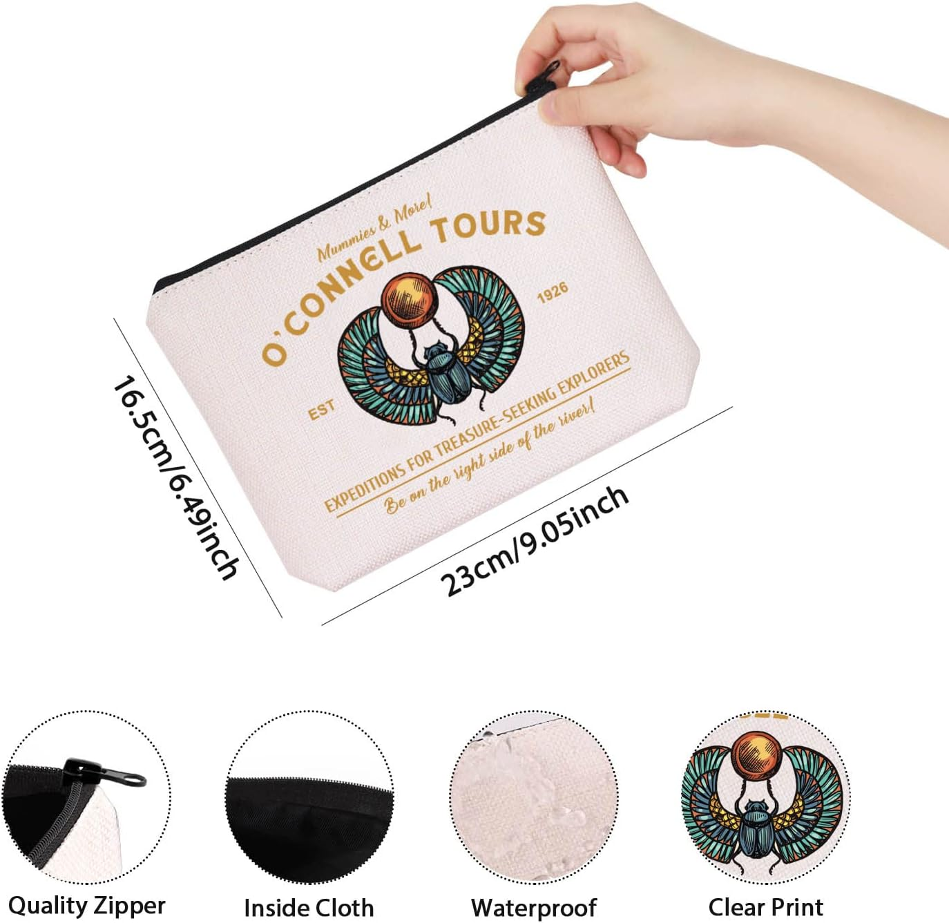 Mummy Movie Inspired Gift O&rsquo; Connell Tours EST 1926 Zipper Pouch Makeup Bag, Beige, Mummies More image number 4