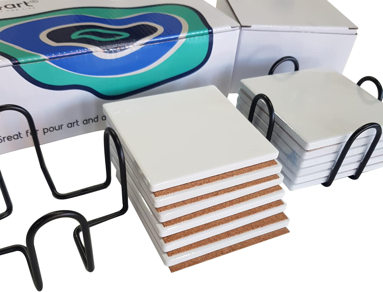 Ceramic Coaster Sets - 12 round 102Mm (4 Inch) MATT Absorbent Coasters - Stick-On Cork Backing Pads & 2 Metal Stands