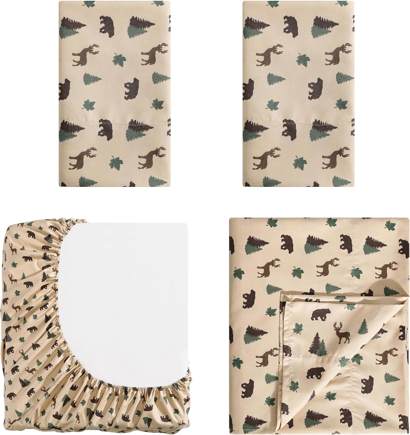 Aubrie Home Accents How Plumb Cozy Cabin 4-Piece Queen Microfiber Bedding Sheet Set with Deep Pockets Rustic Patchwork Plaid Deer, Brown Tan Green image number 3