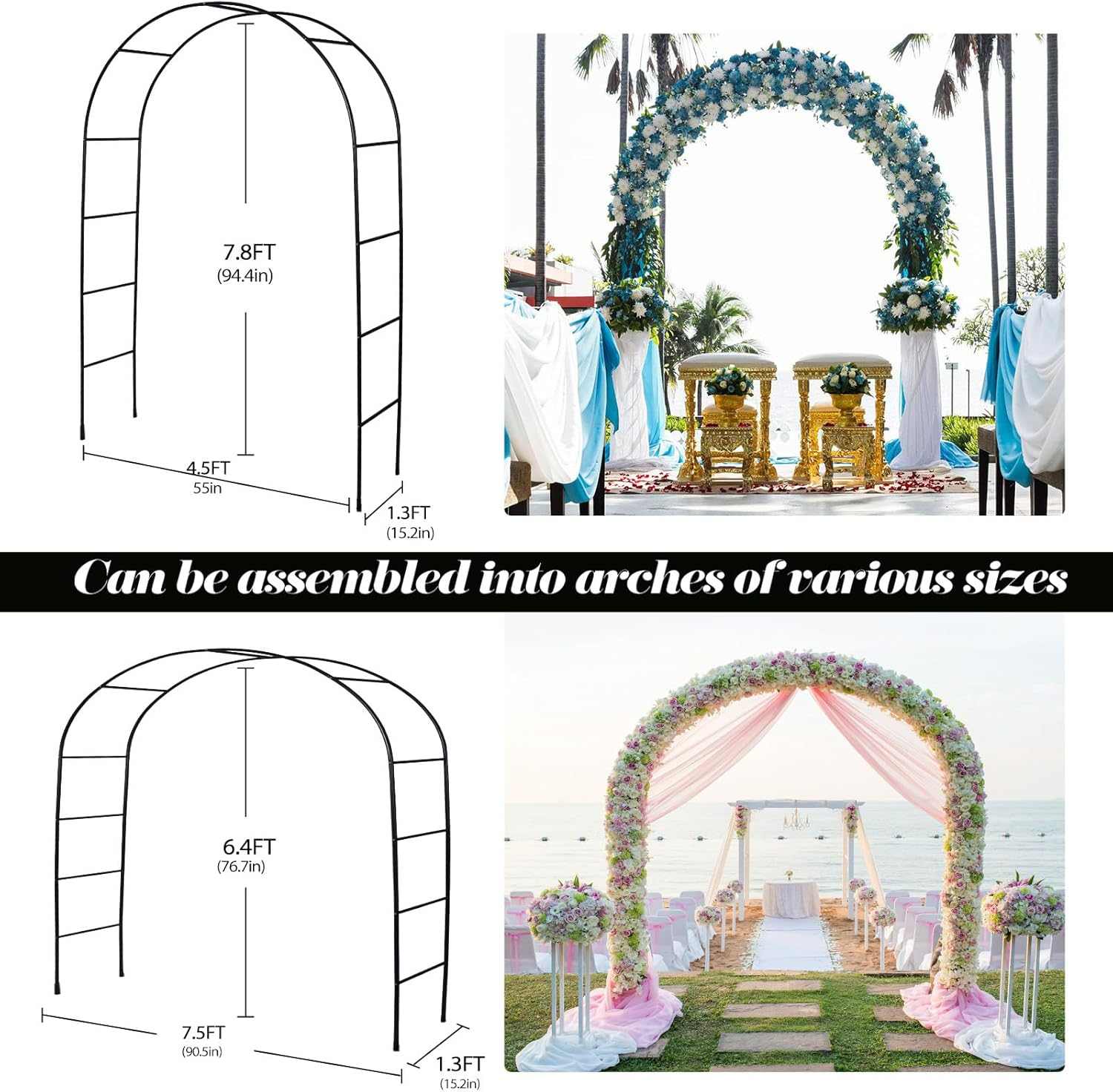 Thickened Rustproof Garden Arch, Wedding Arch- 4.6 * 7.8 or 6.4 * 7.5Ft, Easy to Assemble, Long Lasting and Durable, Metal Arch for Garden Arbor Trellis & Climbing Plant image number 2