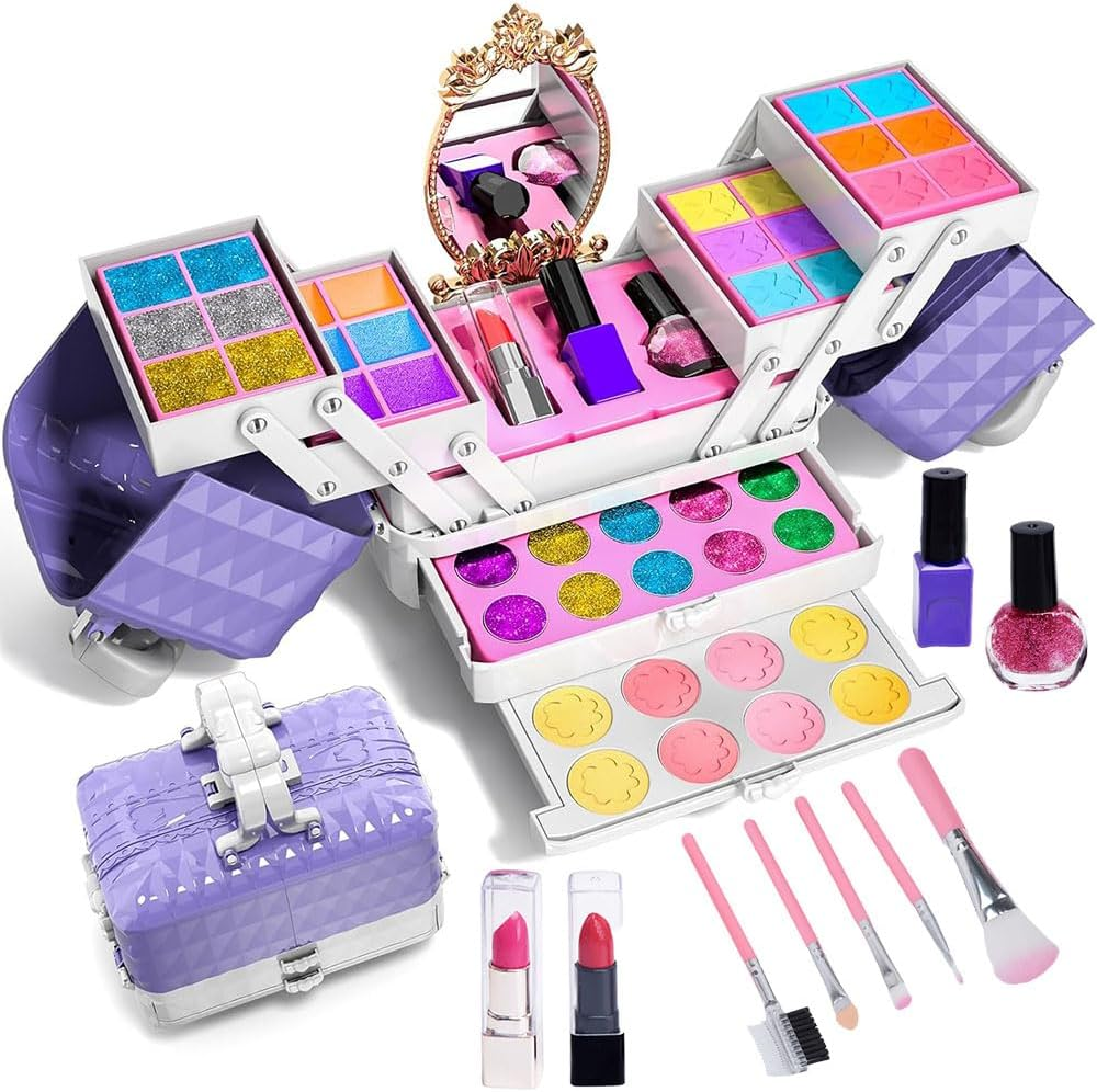 52 Pcs Kids Makeup Set for Girls, Princess Real Washable Pretend Play Cosmetic Set Toys with Mirror, Non-Toxic & Safe, Birthday Gifts for 3 4 5 6 7 8 9 10 Years Old Girls Kids (Purple) image number 3
