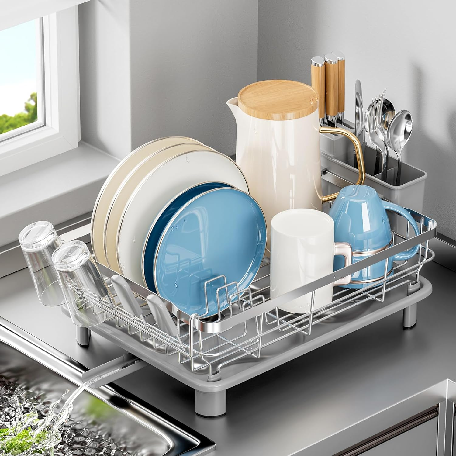 Sandream Dish Drying Rack, Dish Rack, Stainless Steel Dish Drainer for Kitchen Counter, Dish Rack with Draining Tray & Cutlery Utensil Holder, Kitchen Storage & Organisation(Grey)