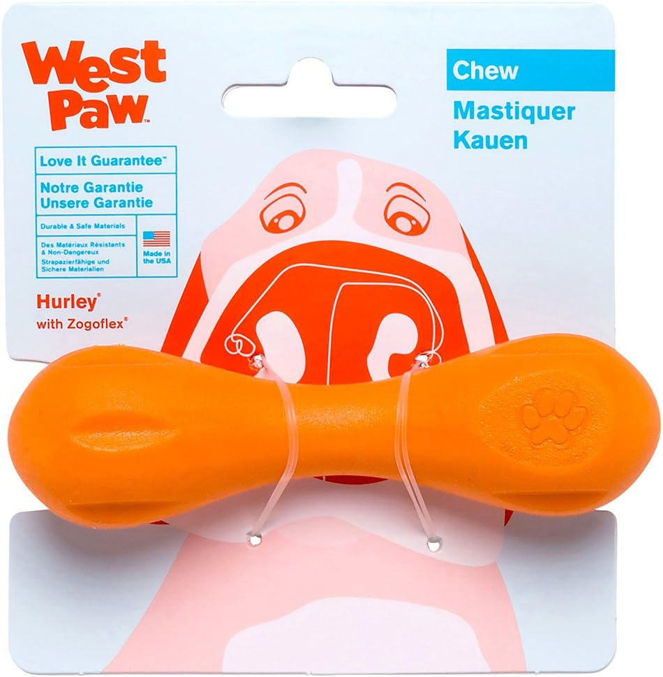 West Paw Zogoflex Hurley Durable Dog Bone Chew Toy for Aggressive Chewers, 100% Guaranteed Tough, It Floats!, Made in USA, Large, Tangerine
