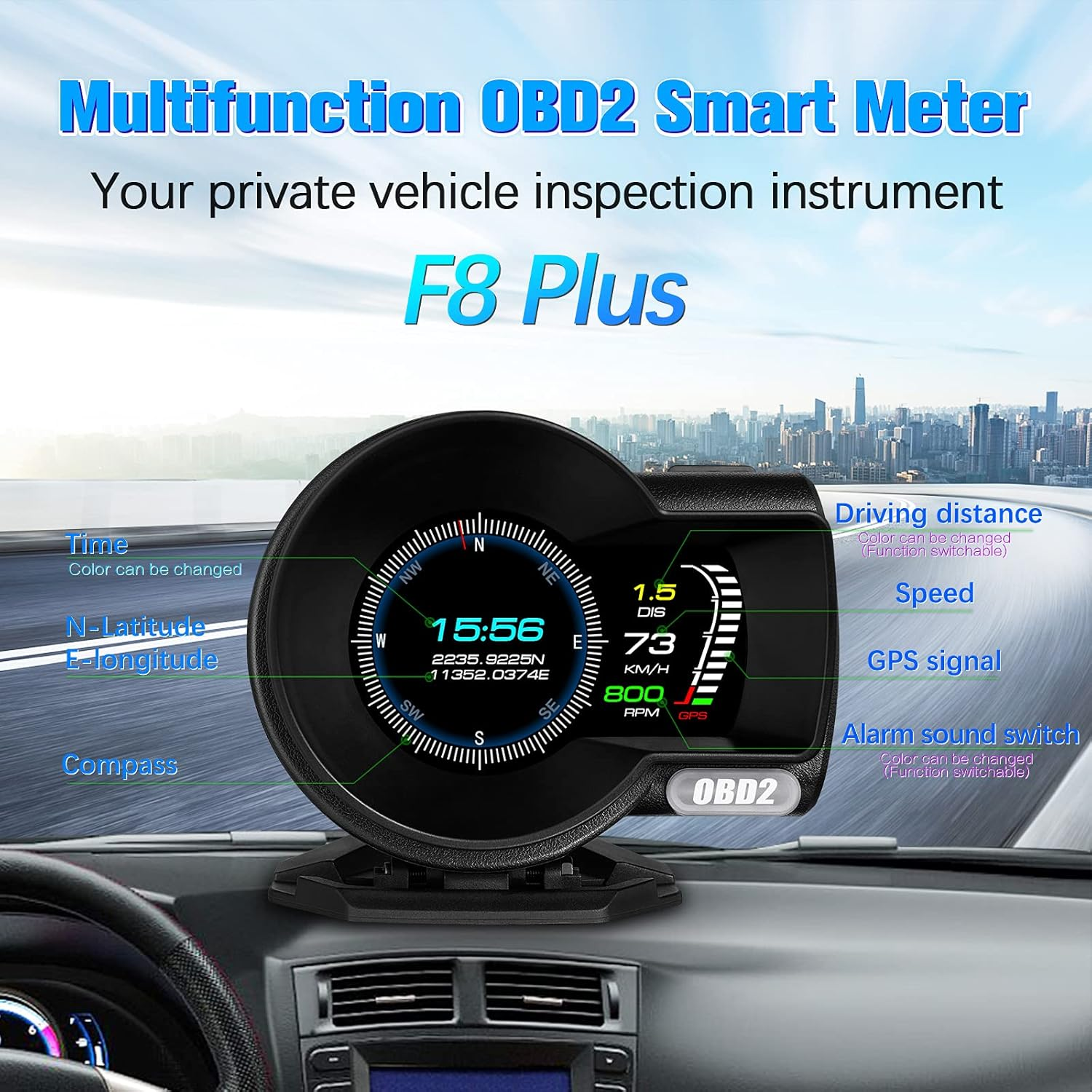 Wiiyii Car HUD Head up Display F8 Plus, OBD+GPS Gauge, Works for All Cars, Your Private Vehicle Inspection Assistant image number 4