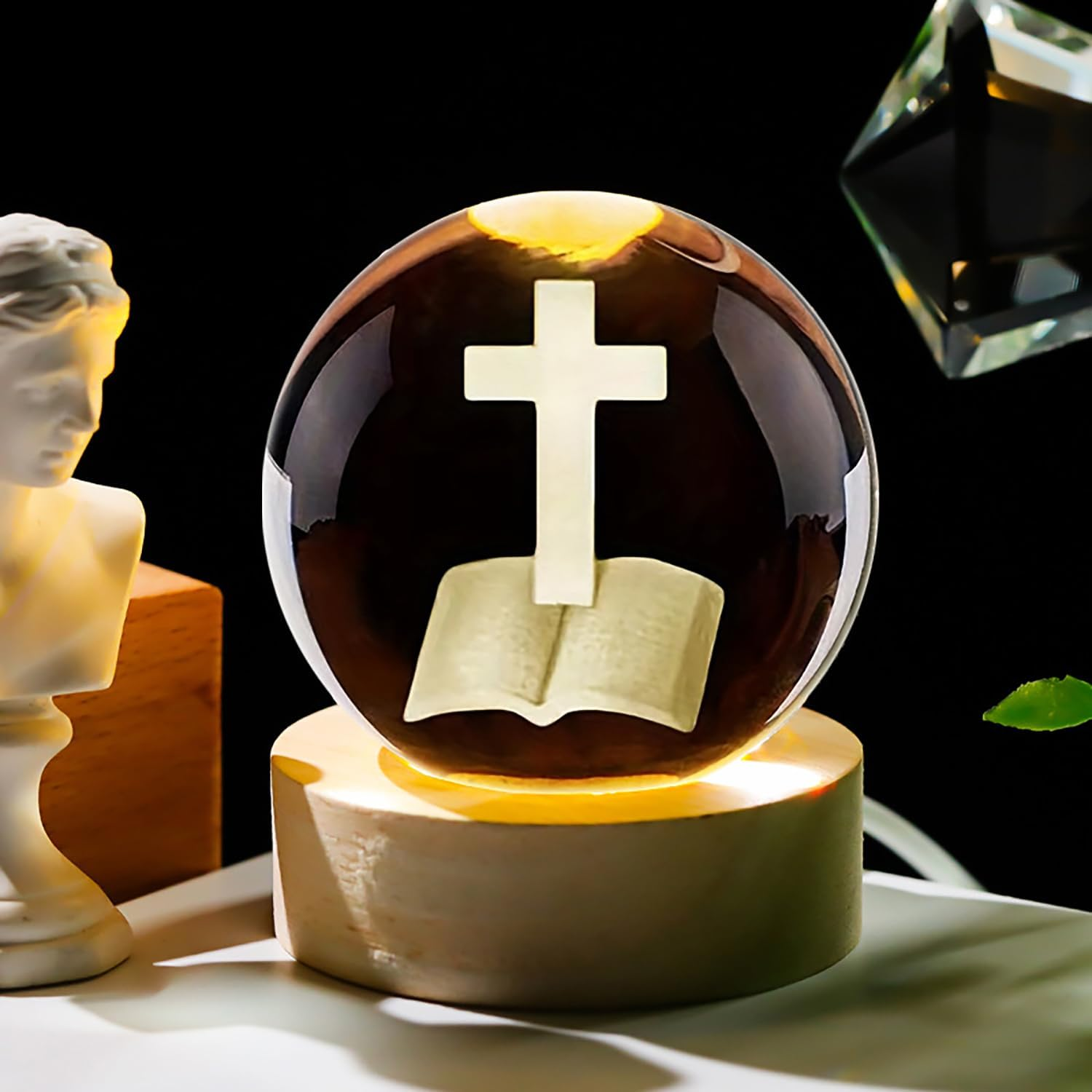 3D Crystal Ball Cross Night Light Desk Table Lamps, with Glowing Base, Laser Engraved Praying in Hand Crucifix Easter Decoration Christian Catholic Religious Gifts (Jesus Cross)