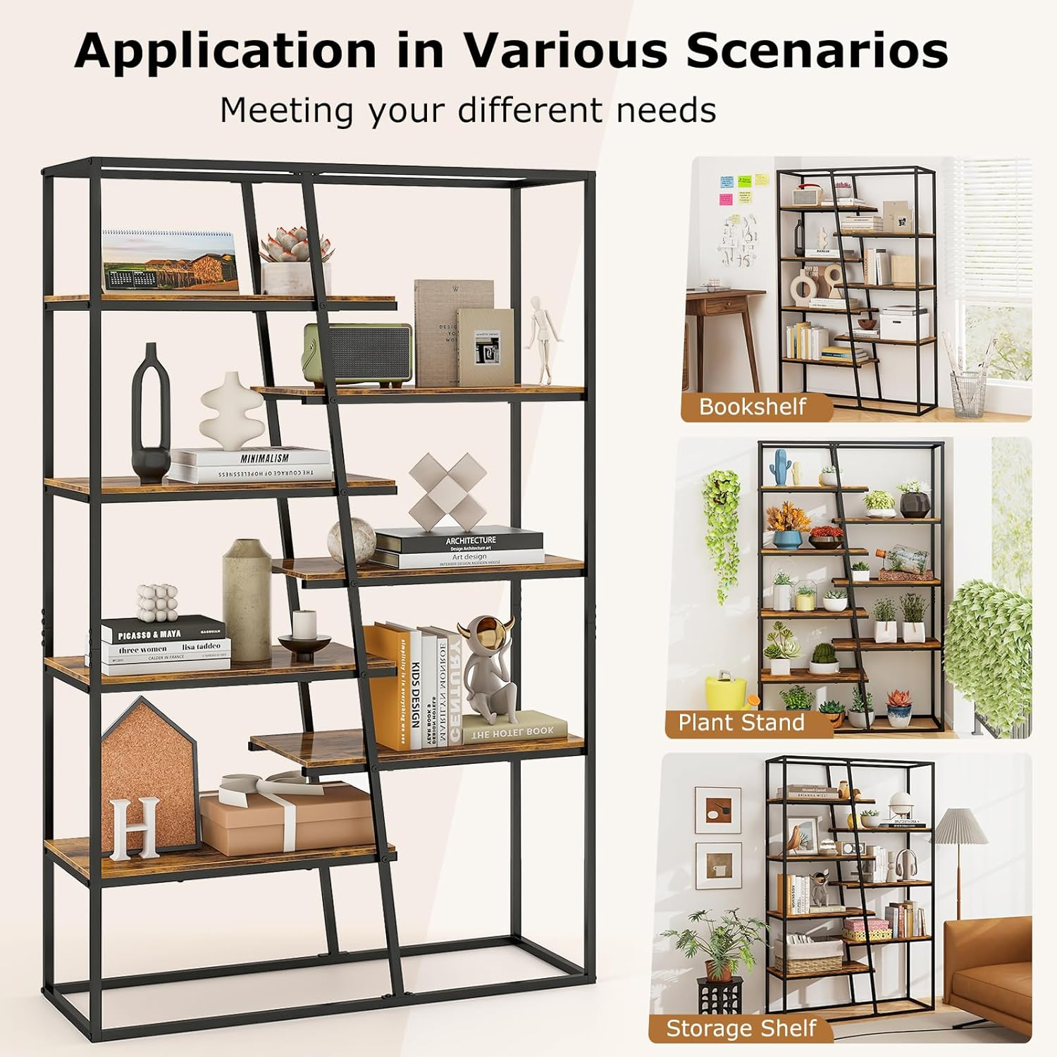 Giantex 180 Cm Tall Bookshelf, 7-Tier Industrial Etagere Bookcase with Heavy-Duty Metal Frame, Freestanding Double Wide Display Rack for Living Room Bedroom Home Office, Rustic Brown image number 4