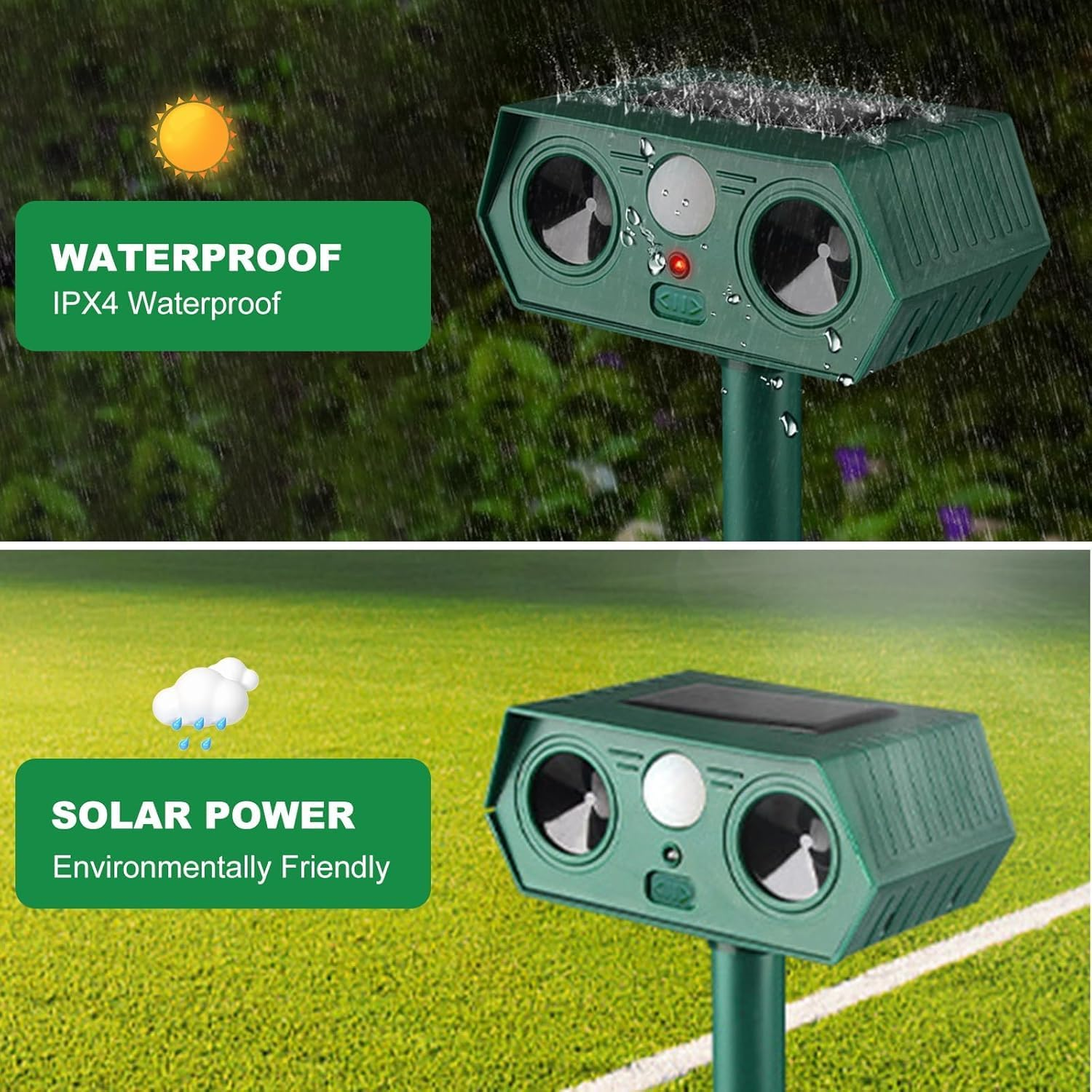 ​Cyperever Solar Powered Ultrasonic Animal Repeller Outdoor, Cat Repellent Possum Deterrent Bird Deterrent Snake Repellent, Motion Sensor & Dual Speakers for Dogs Foxes Rodents​​ 2 Pack image number 3