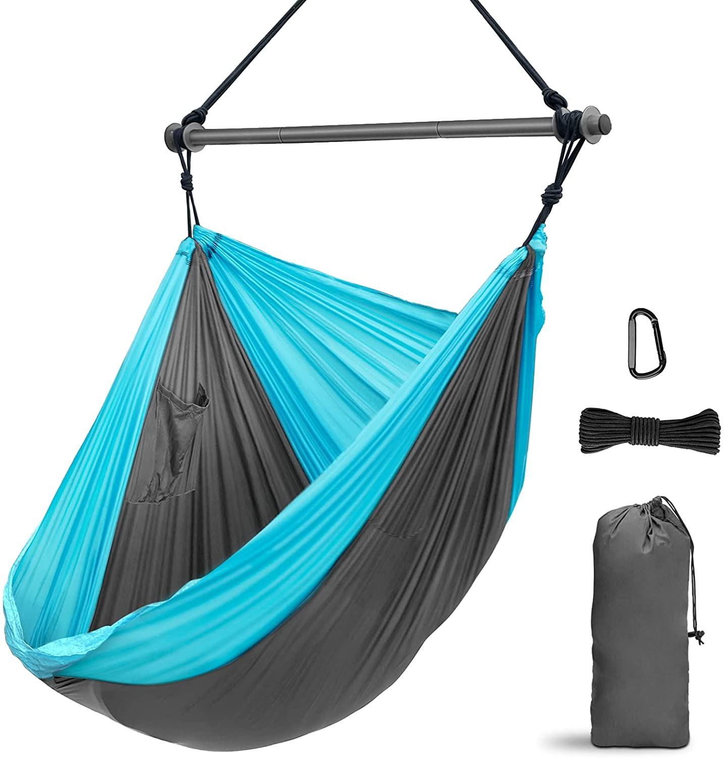 Hammock Chair, Portable Large Hanging Rope Swing - Lightweight Nylon Parachute -Max 500 Lbs - Detachable Metal Support Bar Hammock Chair Swing for Outdoor, Indoor, Backpacking, Camp, Beach