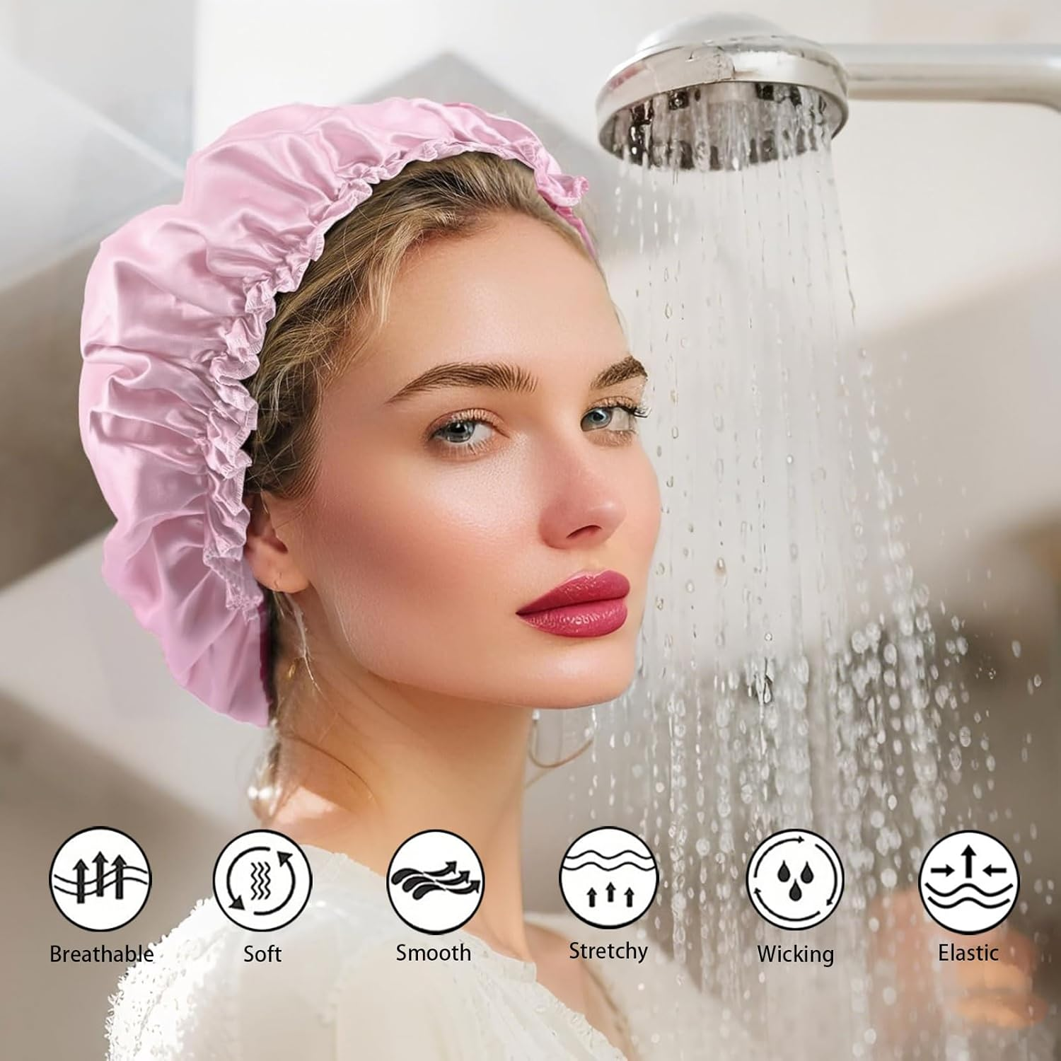 2 Large Shower Caps, Double-Sided Shower Cap, Large Waterproof Shower Cap with Elastic Band, Reusable, Washable, Pink and Black image number 2