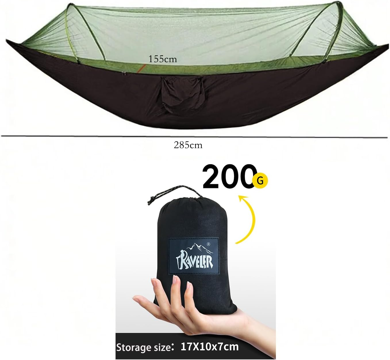 Lightweight & Portable Hammock Mosquito Net, Full Wrap Protection for Outdoor Camping, Backyard, Garden & Hiking Travel 285 * 155Cm