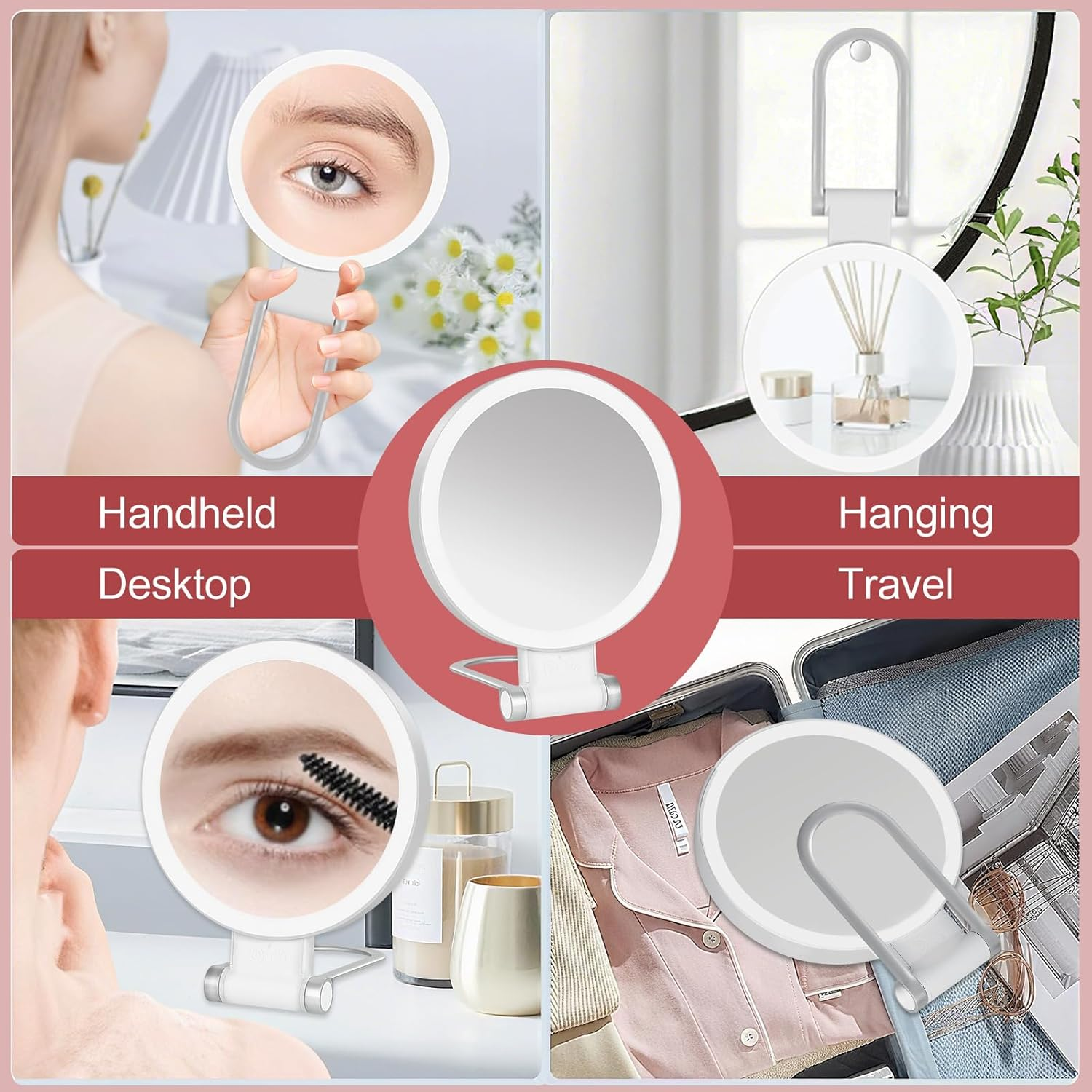 10X /1X Magnifying Mirror with Light, 3 Light Settings, Rechargeable Travel Makeup Mirror with Adjustable Handle/Stand，Folding Double Sided Portable Mirror for Tweezing Travel image number 1