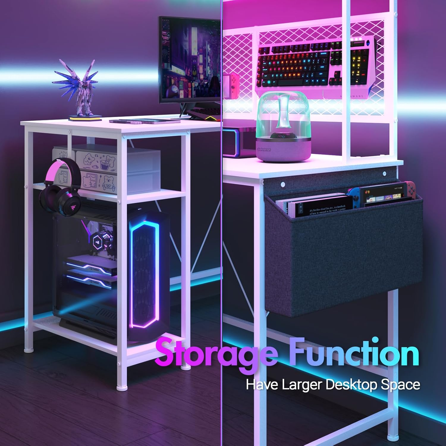 Advwin 170Cm L Shaped Gaming Desk with LED Lights & Power Outlets Reversible Computer Desk with Storage Shelf Corner Desk 2 Person Gaming Table with Pegboard and Storage Shelves White - White image number 4