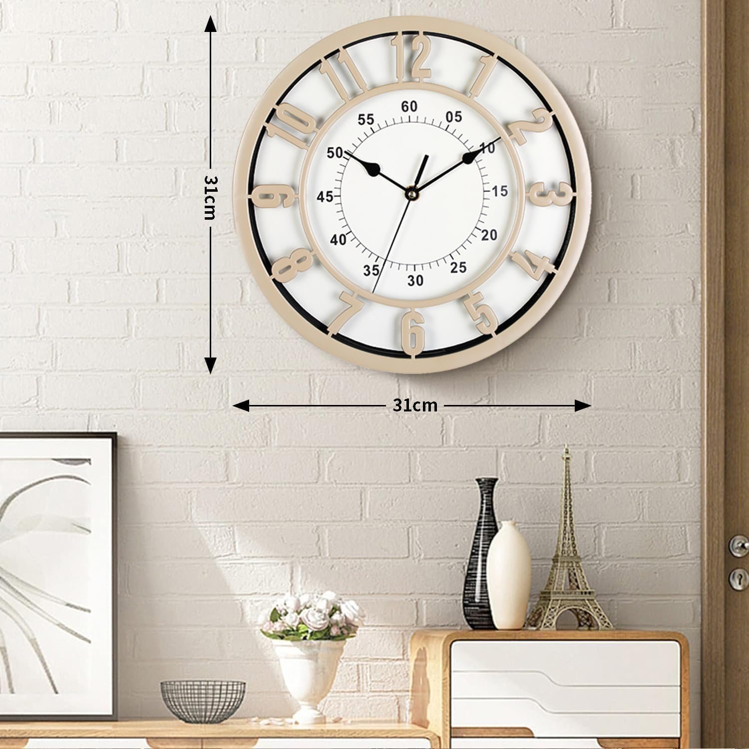 Fohouse Wall Clock, 12 Inch Non-Ticking Silent Battery Operated round Wall Clock Modern Simple Style Decor Clock for Office, Home, Bathroom, Kitchen, Bedroom, School, Living Room - Golden image number 3