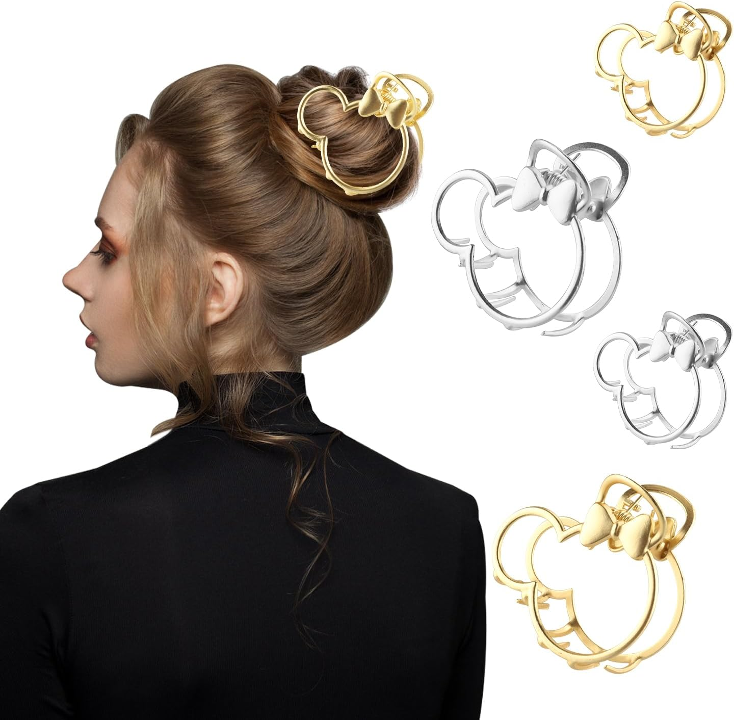 4 Pack Metal Hair Claw Clips Mouse Head Hair Clips Ears Hollow Out Hair Barrette Non-Slip Hair Catch Jaw Clamp Hair Styling Accessories for Women Girls (Large + Small) image number 4