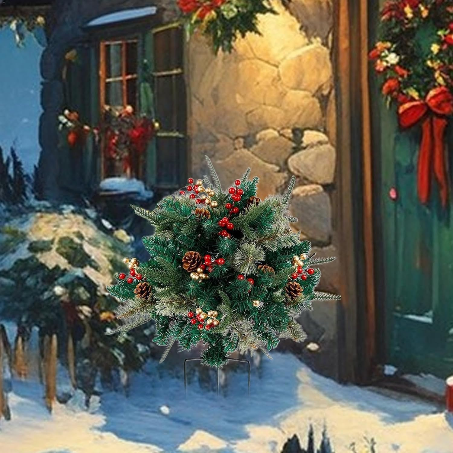 Holiday Planter Filler, Artificial Pine Trees for Christmas with Tripod Stake, Realistic Small Christmas Tree Urn Filler for Porch, Driveway, and Yard Decorations, Pine Trees Holiday Planter Filler image number 5