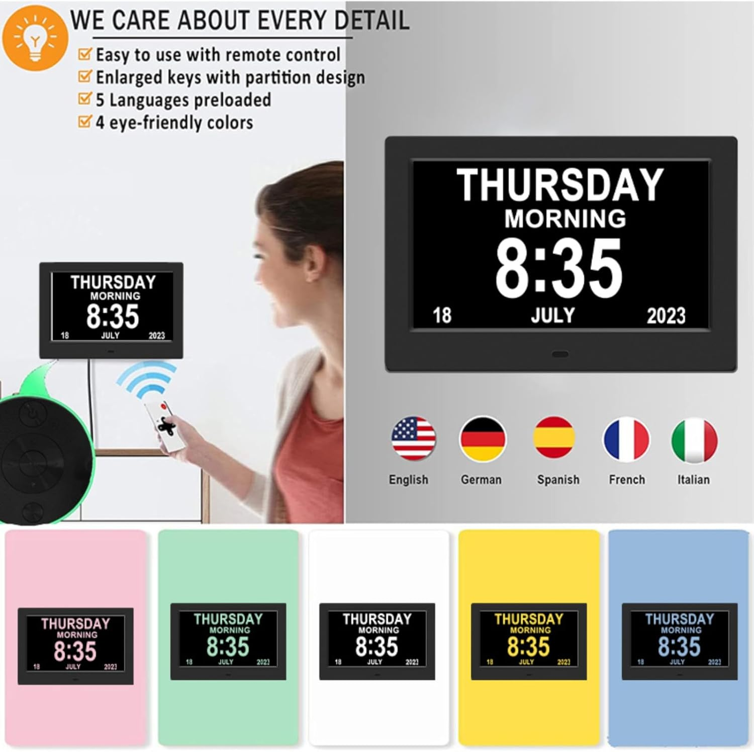 Digital Calendar Alarm Day Clock - 7" LED Dementia Clock Large Screen Display, 12/24Hr Remote Control for Extra Large Aged Seniors, Home D&eacute;cor Desk, Wall Mounted Black/White (White) - White image number 4