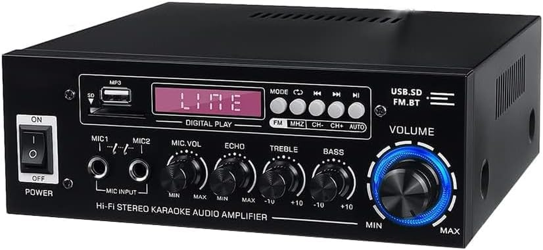 1200W Stereo Audio Amplifier, Bluetooth 5.0 Power Amplifier, 2 Channel Stereo Audio Receiver with 5-Band EQ Mixer, USB/SD Inputs, DVD/AUX Signal Support, FM Radio for Car and Home Theater image number 5