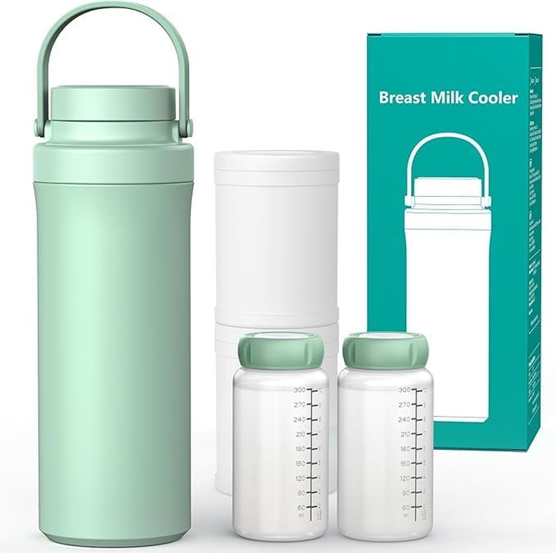Portable Breast Milk Cooler for Outdoor,1500Ml Life Saver with 360&deg; Total Cooling for 24 Hours, Larger Capacity Travel Breastmilk Chiller with 2Pcs Baby Bottles for Breastmilk Storage, Green image number 1