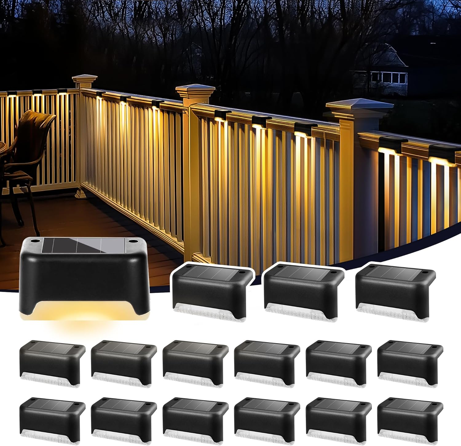 Solar Deck Lights 16 Pack, Outdoor Step Lights Waterproof Led for Stairs, Fence, Yard, Patio, Pathway (Warm White)